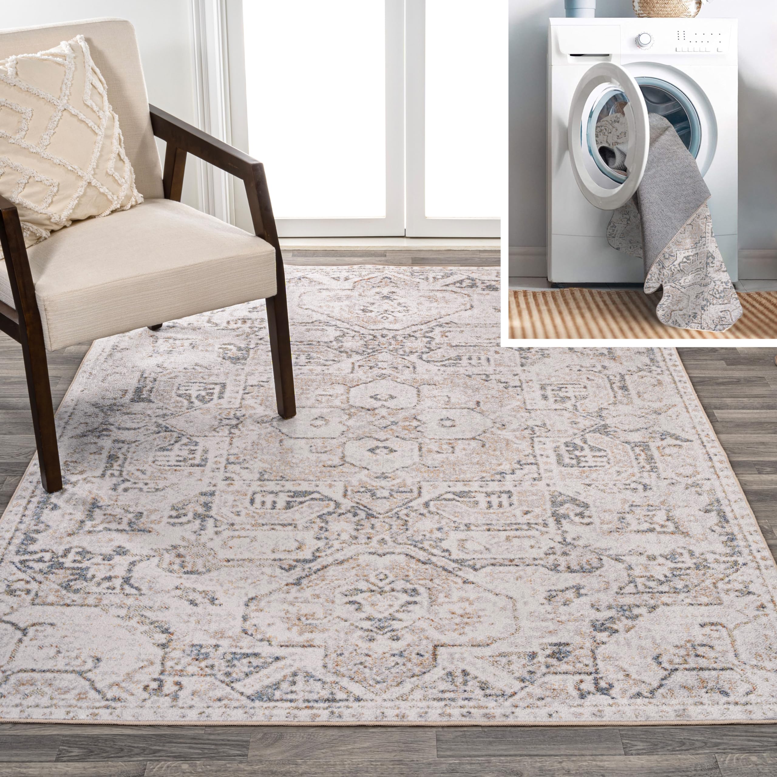 JONATHAN Y WSH315A-5 Edith Distressed Medallion Low-Pile Machine-Washable Area Rug, Classic, Casual, Vintage for Bedroom, Kitchen, Living Room, Easy-Cleaning, Cream/Light Gray, 5 ft. x 8 ft.