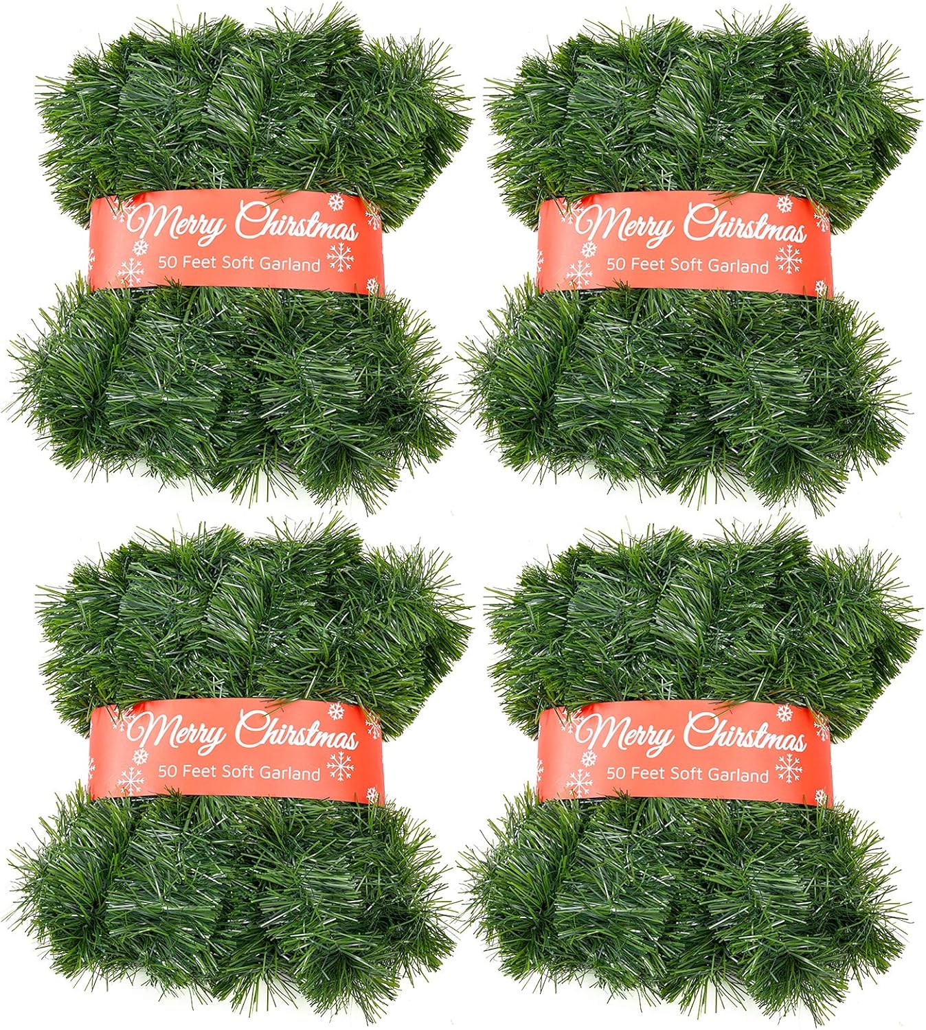 4 Pack 50 Foot Soft Christmas Garland, Non-lit Christmas Garland Ideal for Indoor and Outdoor Decor, Green Tinsel Garland for Holiday Wedding Party Decoration