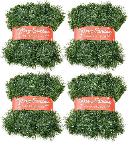 Paquete de 4 guirnaldas de Navidad suaves de 50 pies, guirnalda de Navidad no iluminada, ideal para decoración de interiores y exteriores, guirnalda