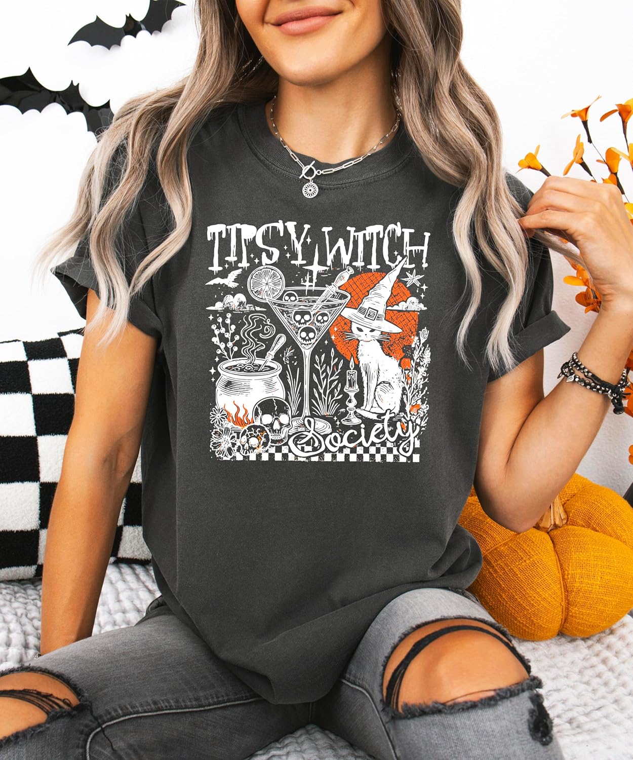 Tipsy Witch Society Halloween Shirt Witchy Black Cat & Cocktail Fall Graphic T-Shirt