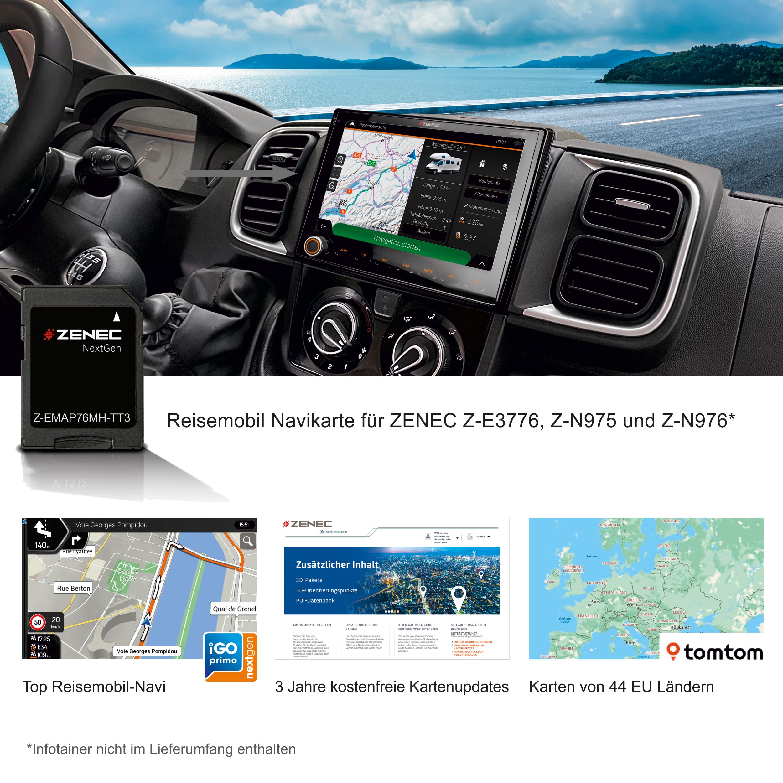 ZENEC Z-EMAP76MH-TT3 Carte Micro SDHC avec Navigation de Camping-Car pour ZENEC Infotainer Z-E3776, Z-N975 et Z-N976, Cartes 3D pour l'europe, Camping P.O.I. Camping-Cars, TMC