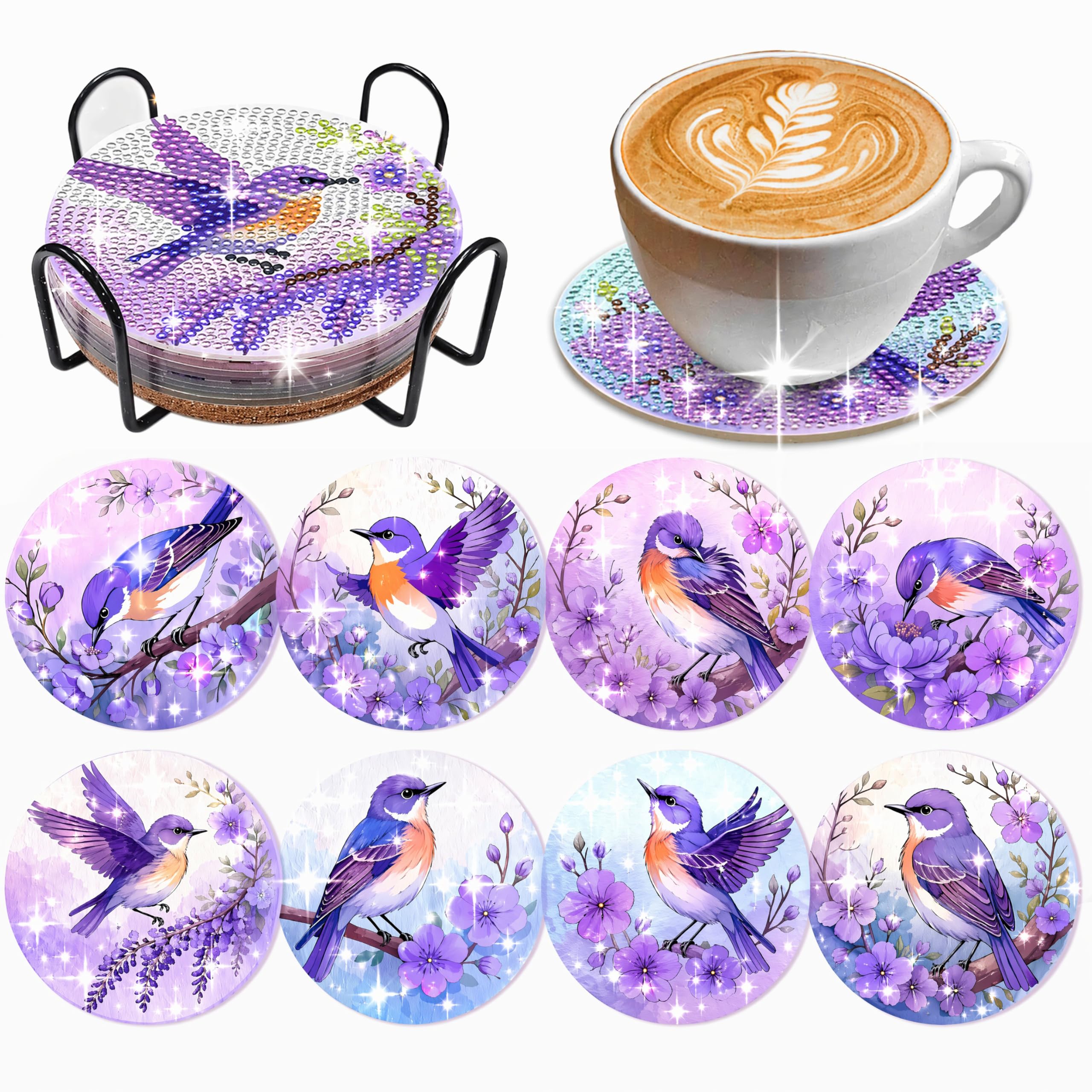 Diamond Painting Coasters Kit DIY 8 Acrylic Pieces with Holder(Birdy)