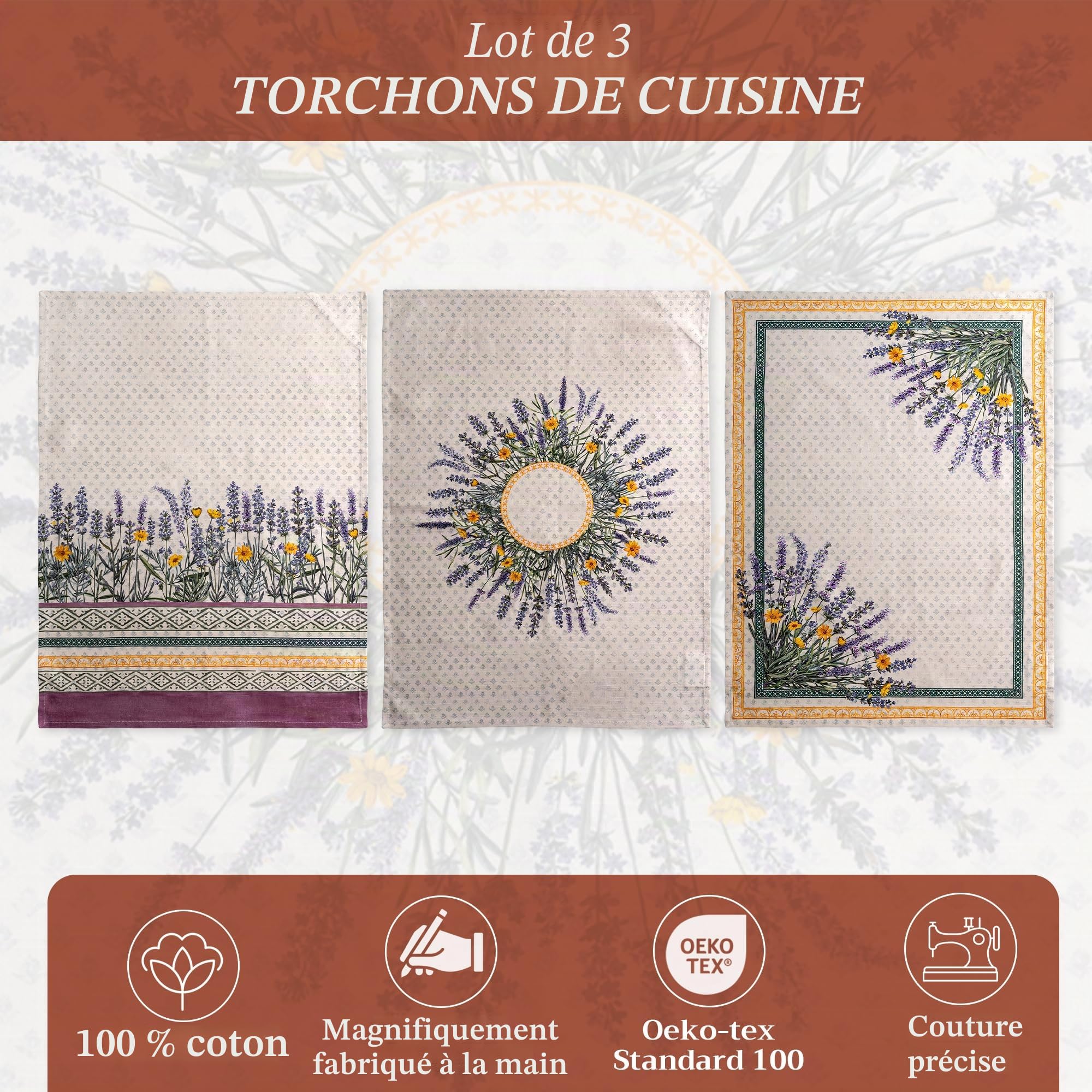 Maison d' Hermine Fanny Lavender - Lot de 3 torchons de Cuisine Polyvalents - 100% Coton - Doux et absorbants - pour Le Printemps et l'été (50 x 70 cm)
