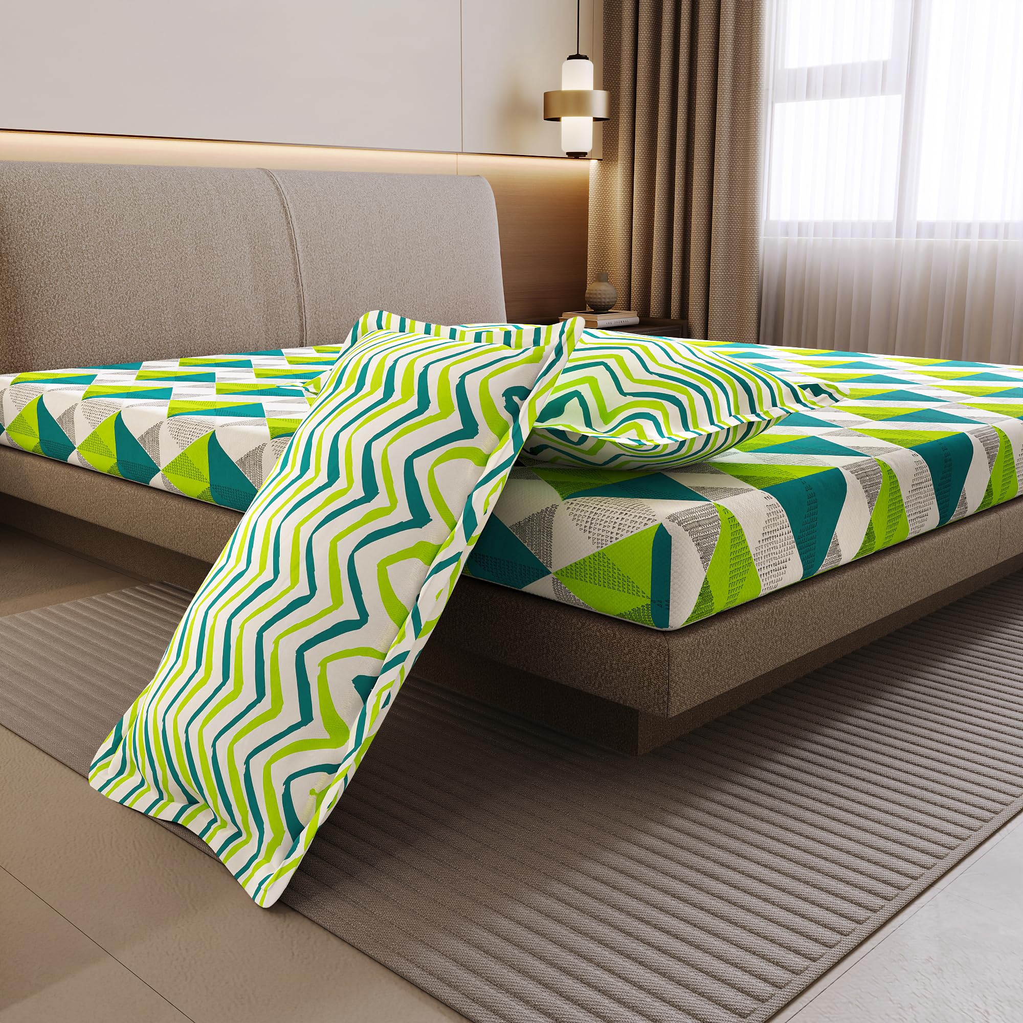 Divine Casa 144 TC Cotton Bedsheet for Double Bed with 2 Pillow Cover (222 x 254 cm, Aqua Lime, Geometric) 2