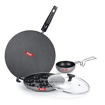 SUMEET NonStick Aluminium Gris Cookware Set (Silver, Flat Tawa - 30.5cm Dia, Grill Appam Patra with Glass Lid - 12 Cavity - 22cm Wayfaring/Tadka pan - 190Ml - 10Cm )