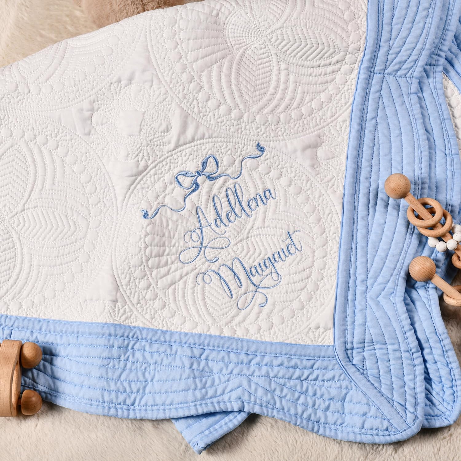 Personalized Baby Quilt Blanket, Custom Monogrammed Baby Blanket with Embroidered Name Heirloom Quilt Super Soft and Cozy Cotton Baby Quilt with Scalloped Edges Baby Shower Gift