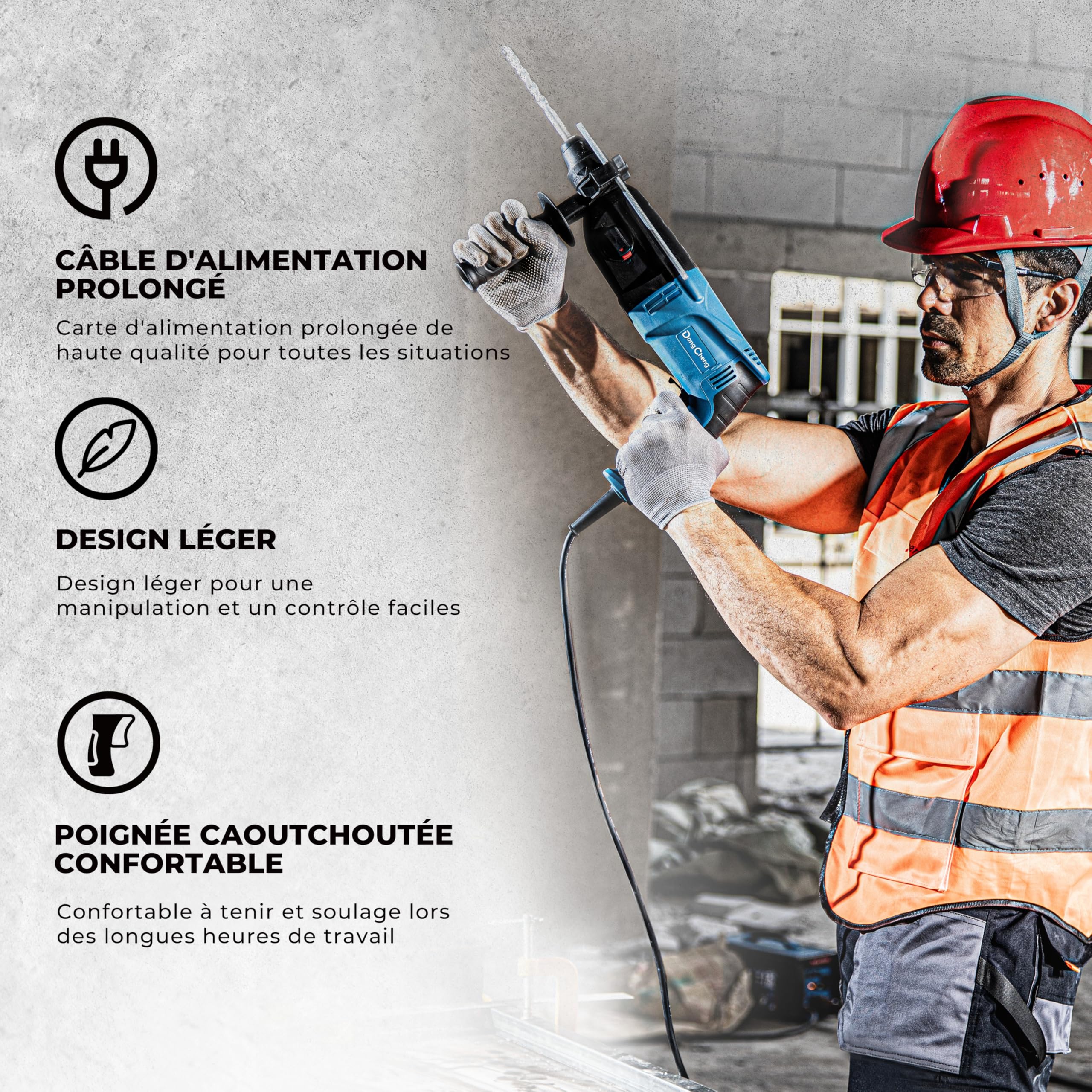 DongCheng marteau perforateur 800W, énergie d'impact 2.8 J, vitesse de ralenti 0-1200U/min, avec 4 Drill Bit SDS plus, 26mm, perceuse 4 en 1, marteau de démolition, poignée anti-vibration