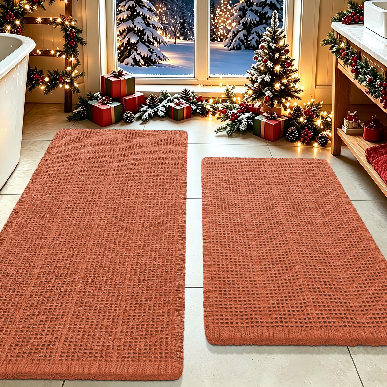 Upgrade Waffle Bath Mat Set 2 Piece, Boho Bathroom Rugs Absorbent Non Slip, Ultra Soft Bathroom Mat, Machine Washable Knit Bath Rugs with Herringbones for Bathroom,Bedroom, Shower, Tub, Burnt Orange