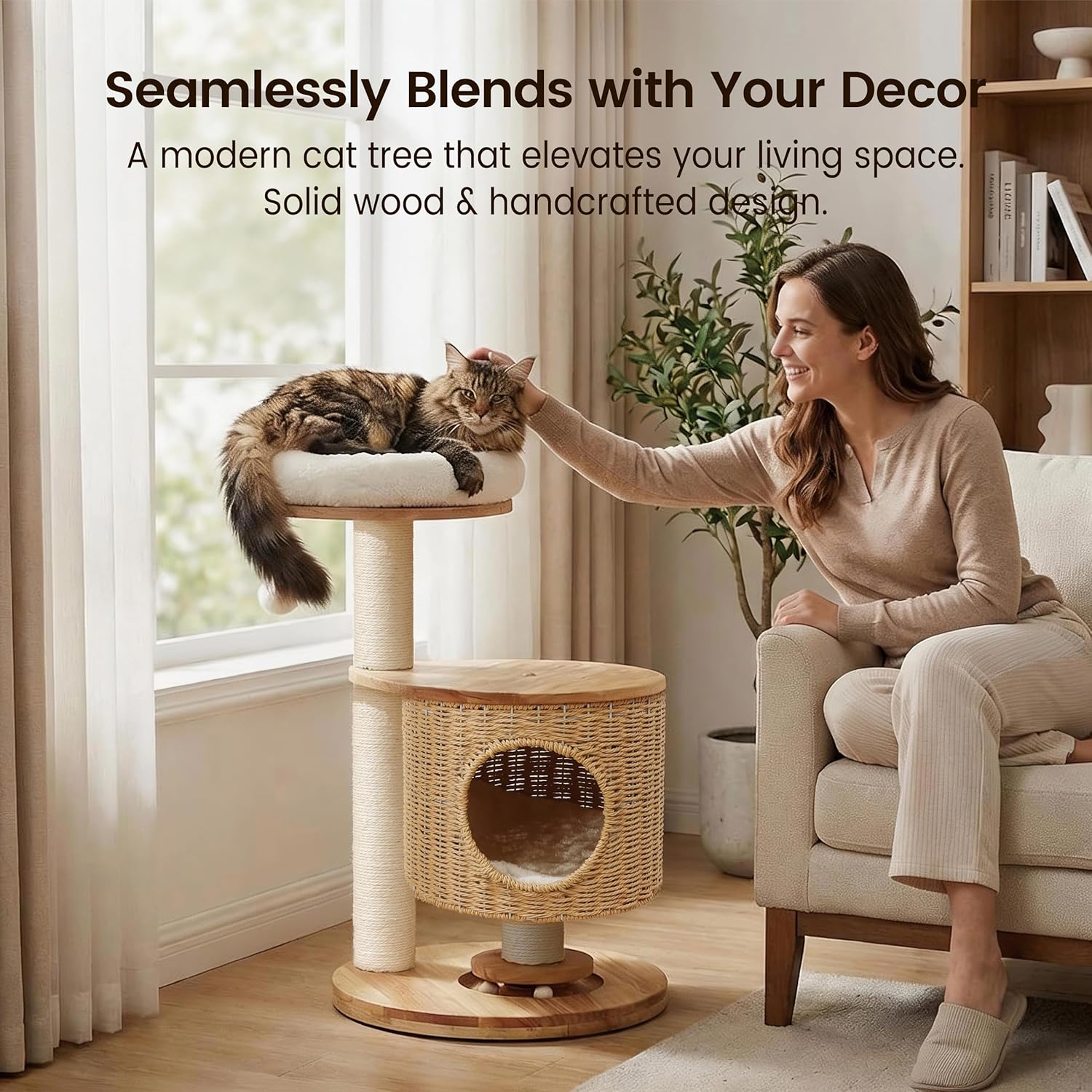 Solid Wood Cat Tree for Indoor Cats, Modern Cat Tower with Hand-Woven Condo & Sisal Scratching Post, Sturdy Wooden Cat Tree with Plush Perch, Aesthetic Cat Furniture for Small to Medium Cats