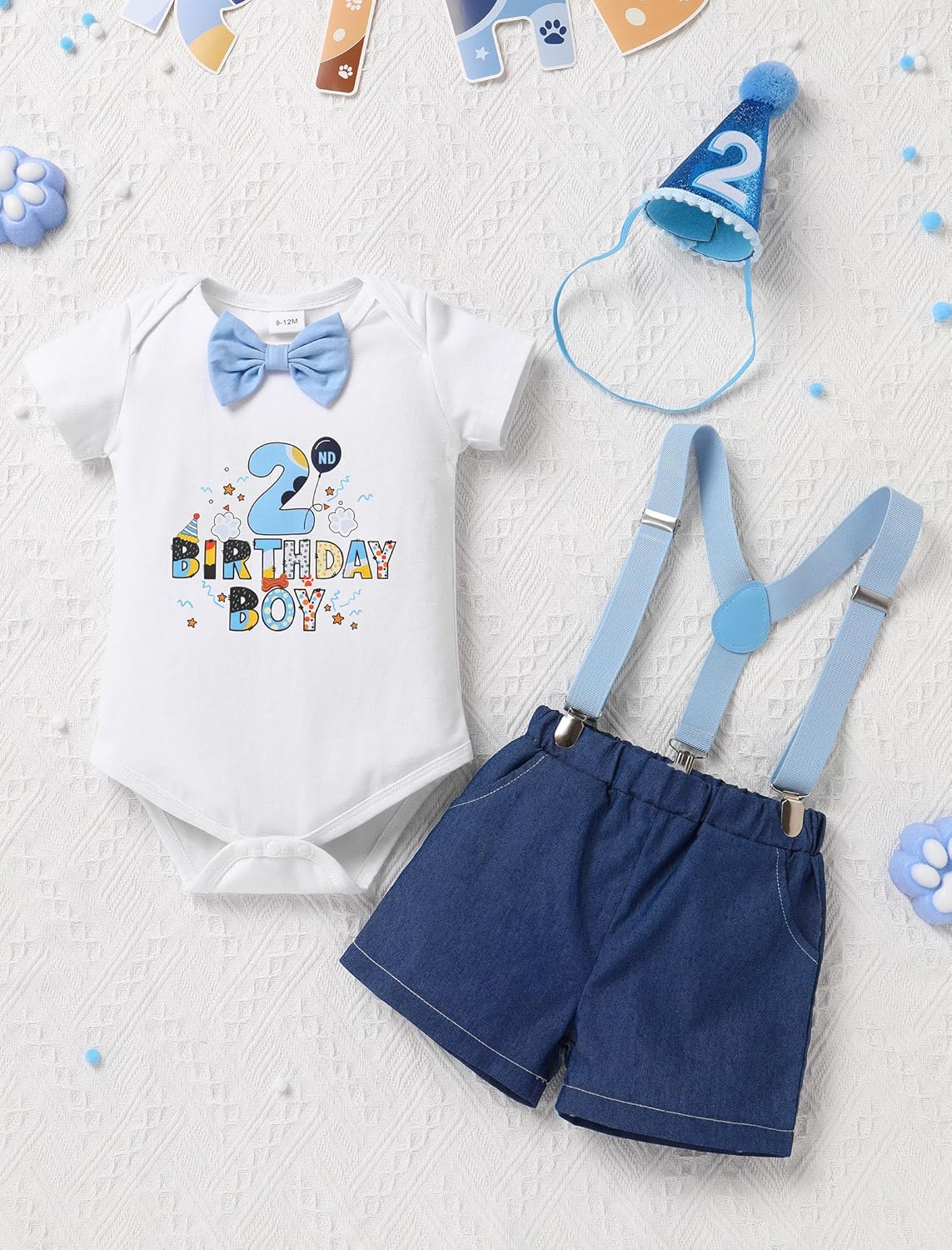 IMEKIS Baby Boys 1st 2nd Birthday Outfit Blue Bowtie Romper Suspenders Hat 3PCS Sets Cake Smash Photo Shoot - Image 2