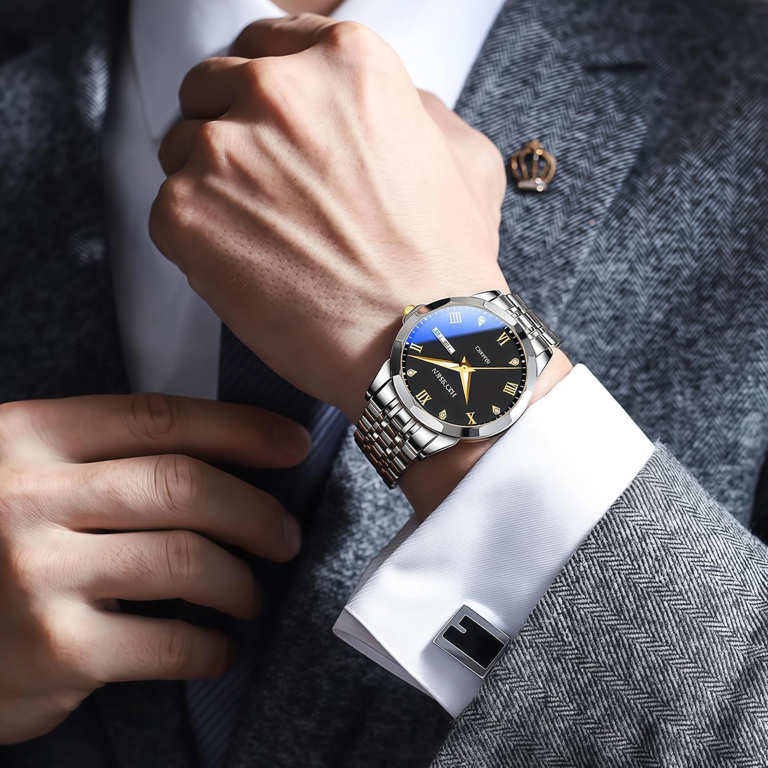 Vintage Watches for Men Big Face Stainless Steel Dress Business Luminous Roman Diamond Dial Watch with Day-Week and Waterproof Relojes para Hombres for Mens Gifts