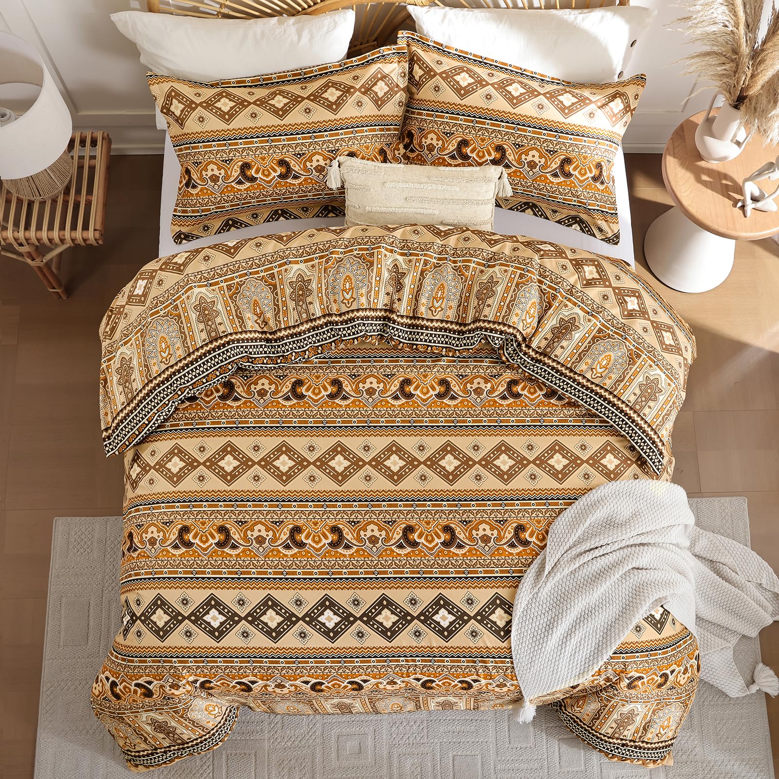 WONGS BEDDING Bohemian King Size Duvet Cover Set Brown Colorful Boho Striped Bedding Set including 2 Pillowcases Soft Microfiber Moroccan Fall Quilt Cover with Zipper Closure 220x230cm