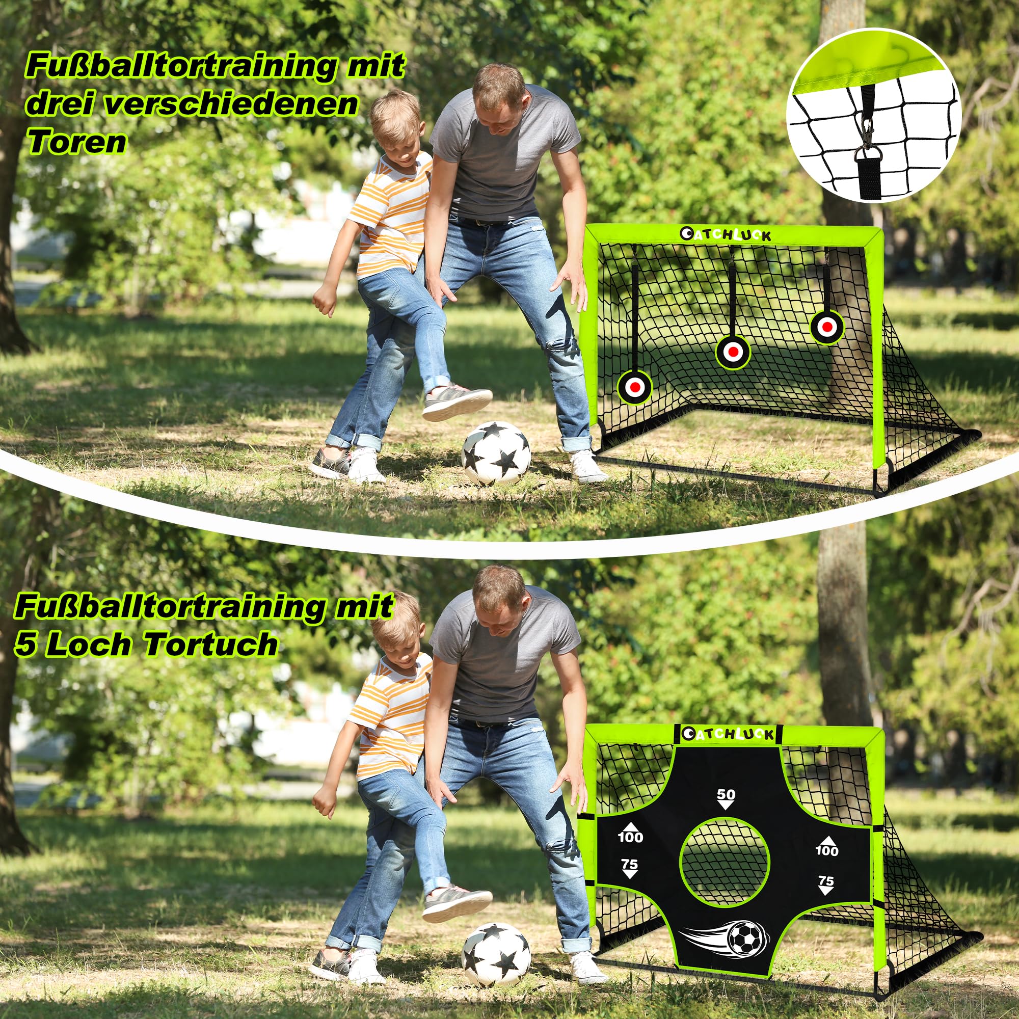 Fussballtore für Kinder Garten Pop Up Fussballtor Kinder Fußball Tore Outdoor mit Zielbereichen, DREI Ziele, Fußball, 6 Hindernisse und Tragetasche