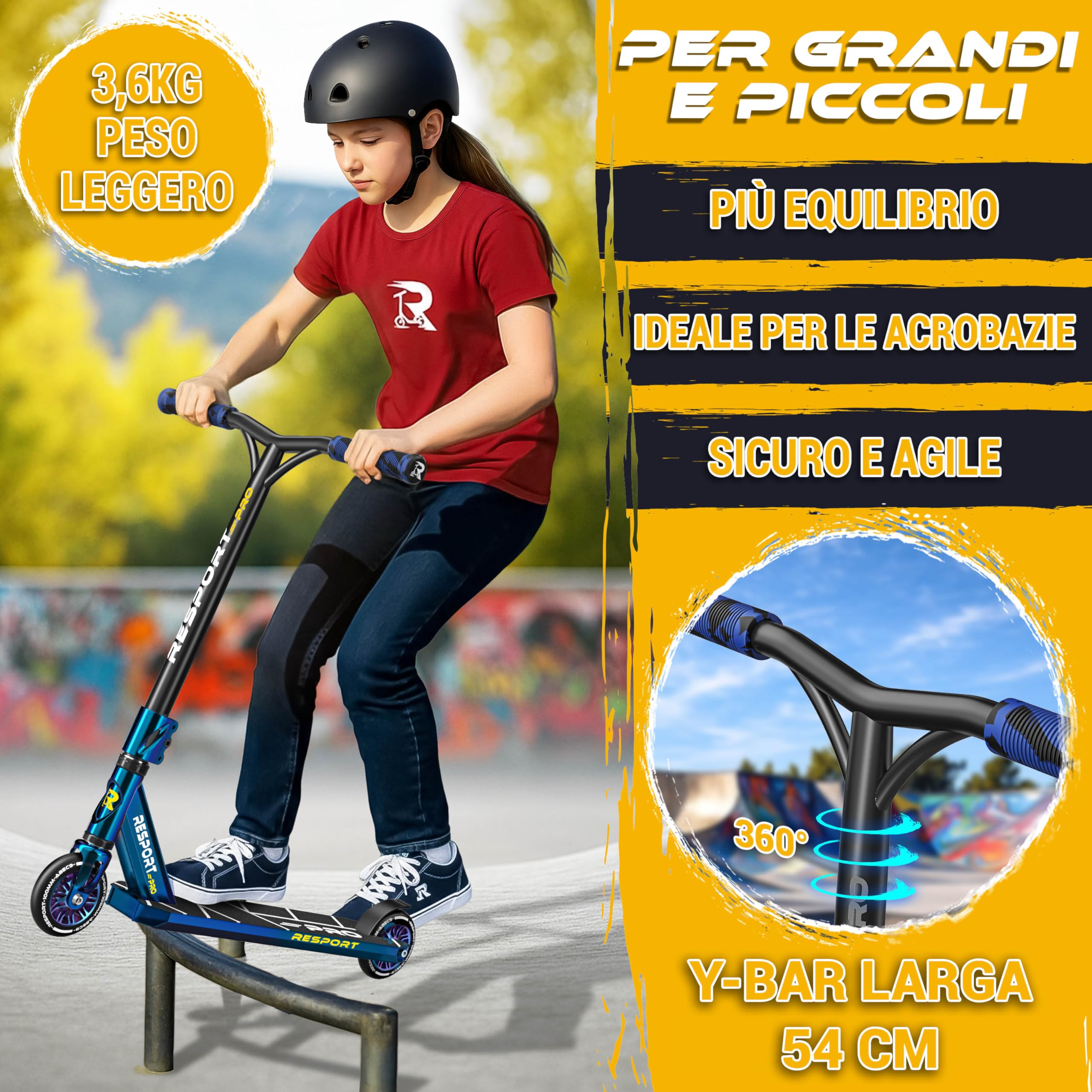 RE:SPORT Stunt Scooter Revo Pro per bambini e adulti con supporto, 110 mm, ruote in PU e Y-Bar, per acrobazie e monopattino ABEC 9, cuscinetti a sfera