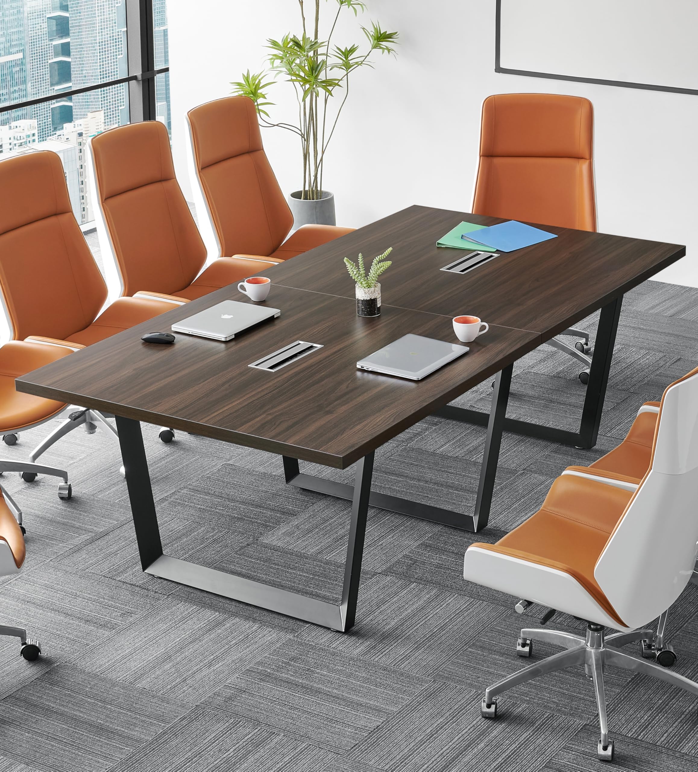 ahliss Sturdy Conference Table with Cable Management Grommets Modern Rectangle Office Meeting Table with Wood Tabletop and Metal Frame & Legs- Easy