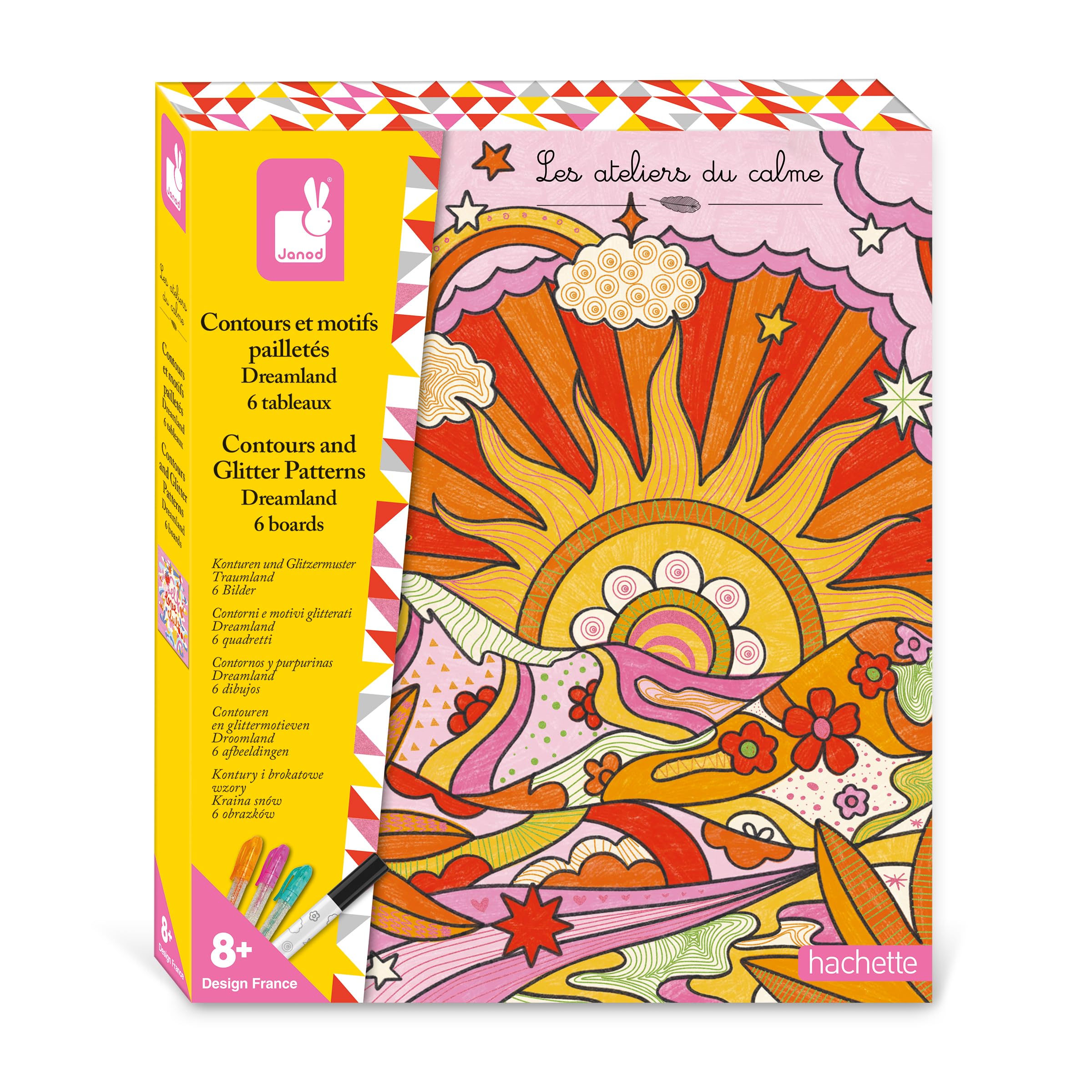 Janod, Dreamland Glittery Outlines and Patterns, Arts & Crafts Kit, 6 Create-Your-Own Pictures, 3 Mini Pens & a Marker