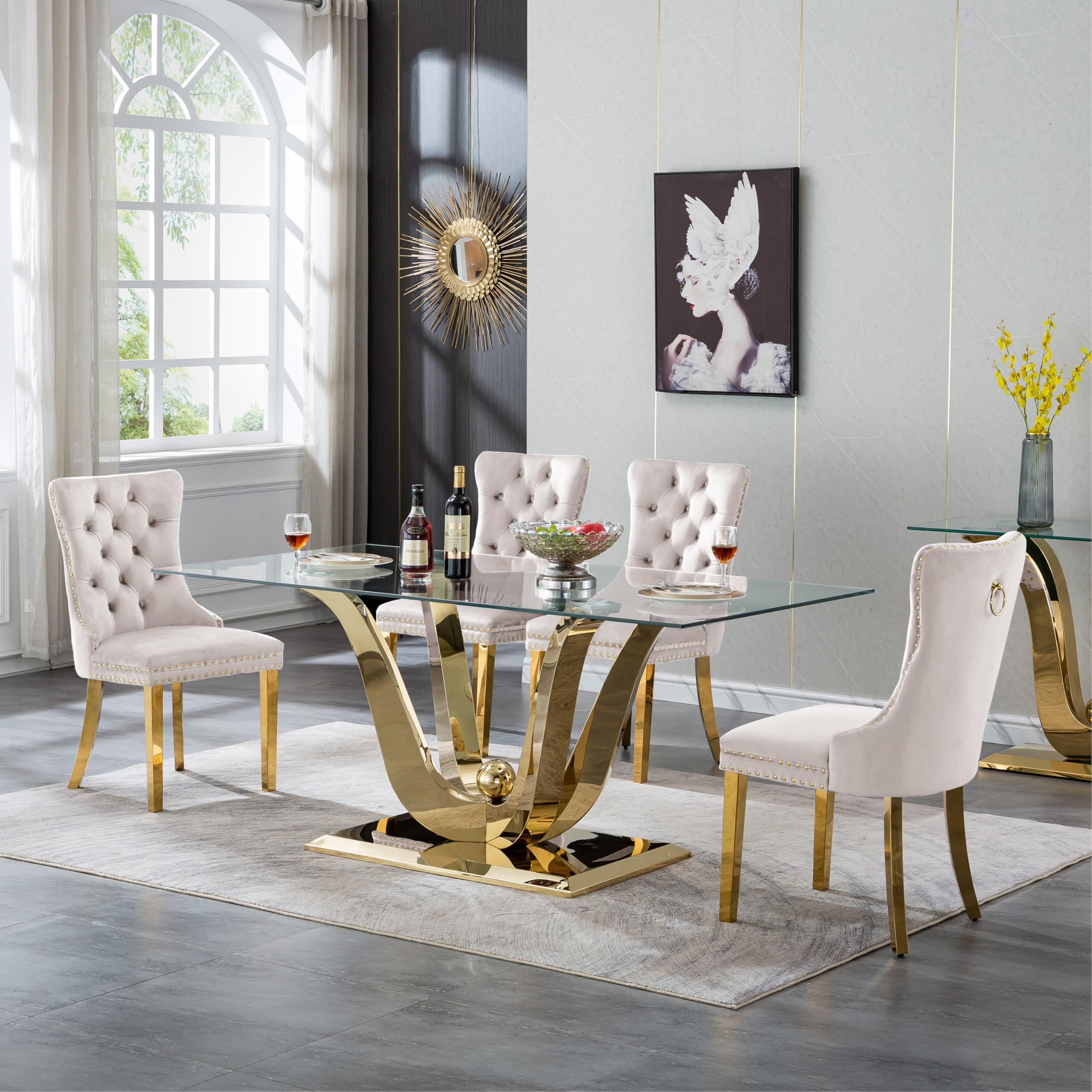 70" Modern Gold Glass Dining Table Set for 4, 5-Piece Rectangle Kitchen Dining Room Table Set with Steel Base & 4 Beige Velvet Upholstered Chairs,