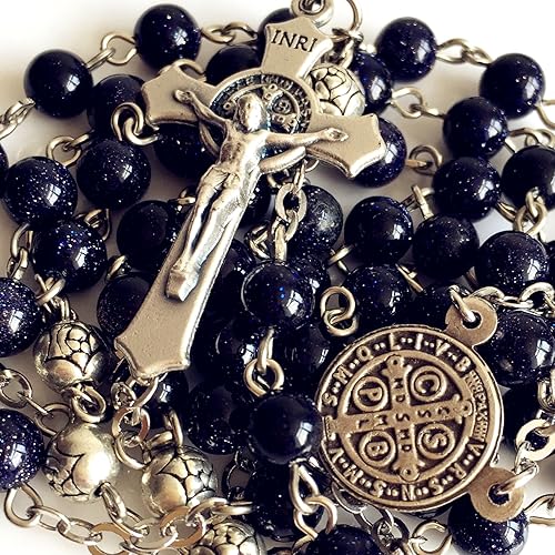 Miniatura 8 de elegantmedical HECHOS A MANO CUENTOS DE ORACIÓN DE arenisca azul & ROSA PLATA ROSA ROSARIO ITALIA CRUZ, Plata