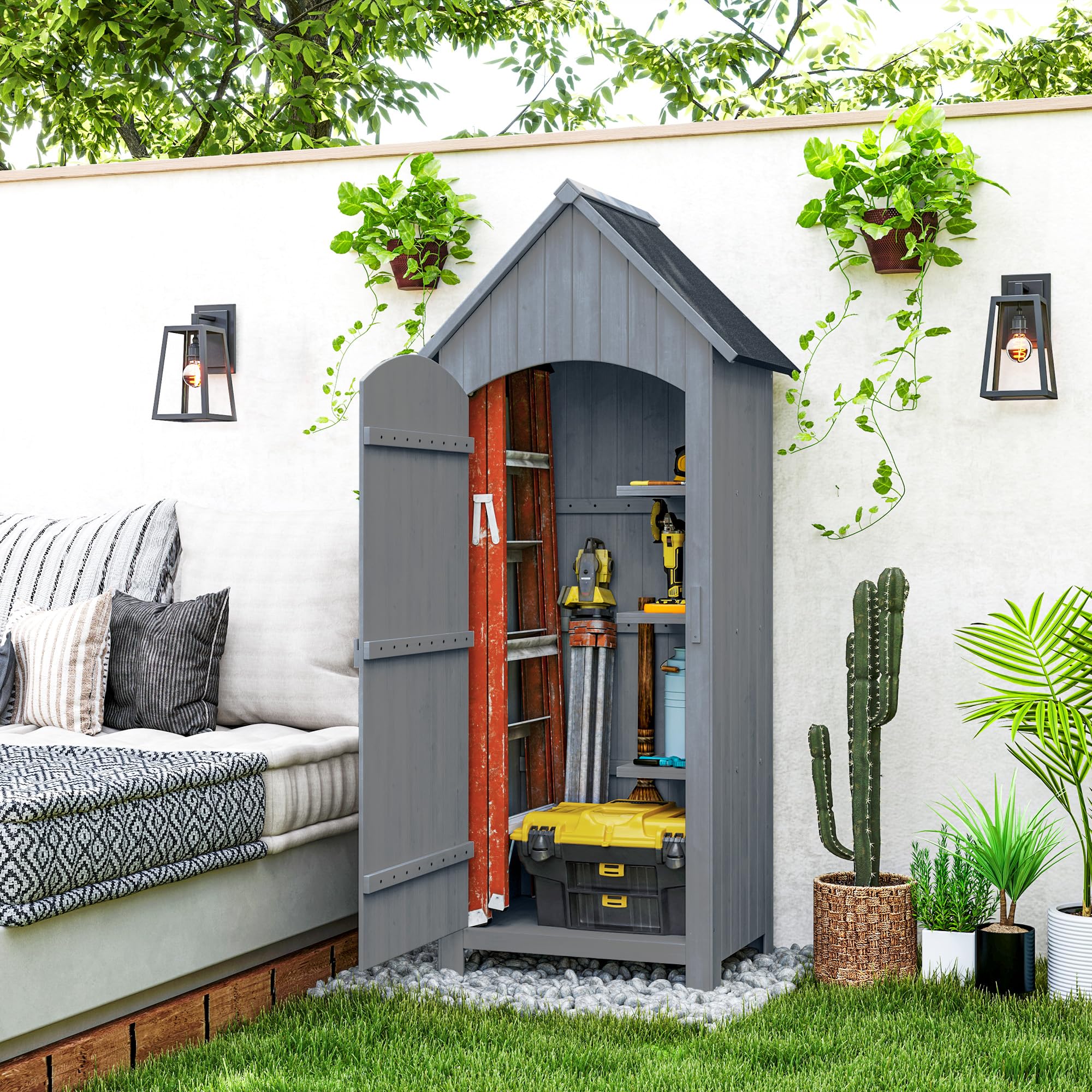 Outsunny - Cobertizo de jardín de Madera, cabaña de jardín al Aire Libre, Armario de jardín con Techo asfaltado, 3 estanterías, Puerta con pestillo para Almacenamiento Exterior para terraza, 77,5 x