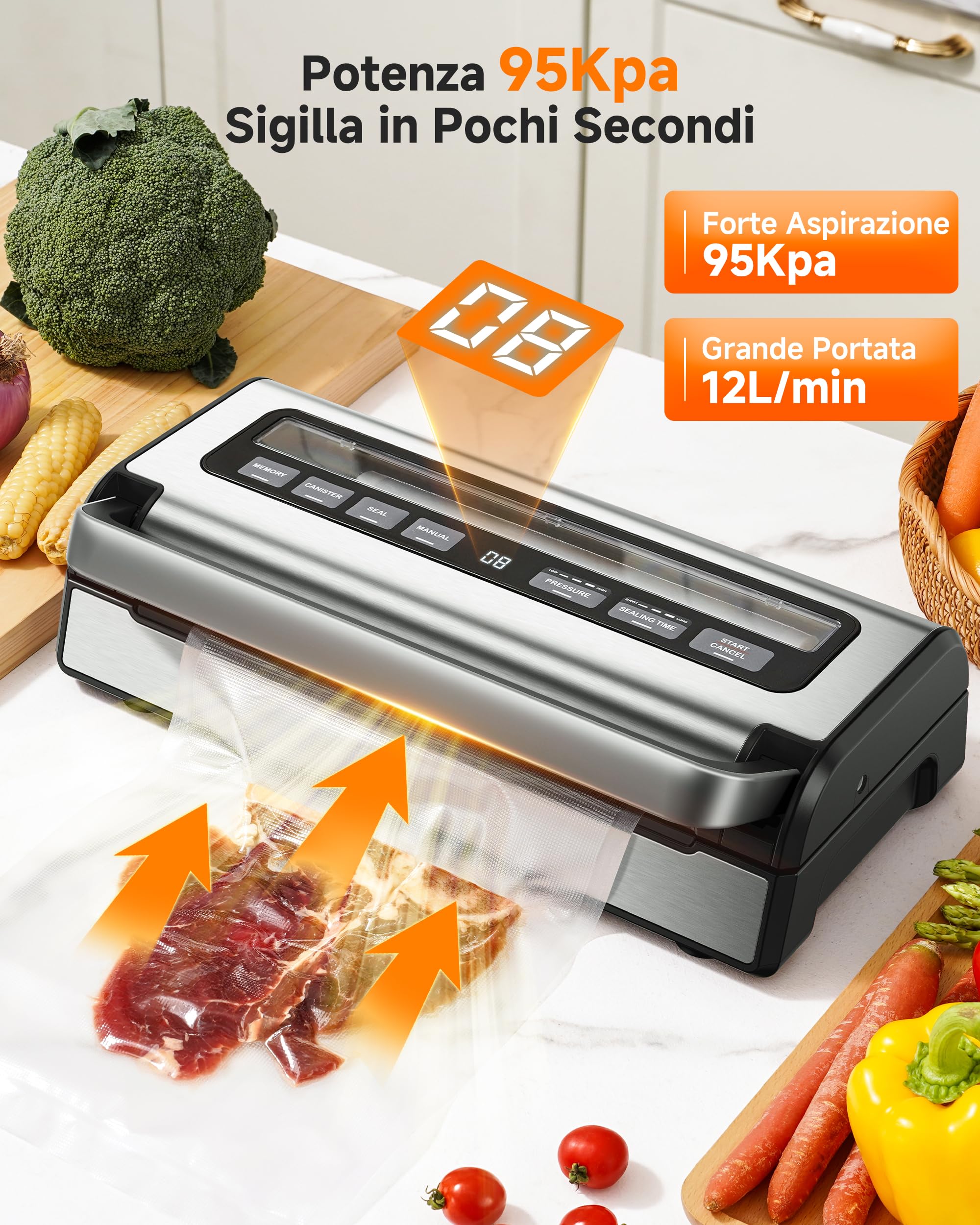 Macchina Sottovuoto 95 kPa, 9-in-1 Macchina Sottovuoto Alimenti con Modalità Tempo & Pressione Regolabili, Memoria, Doppia Sigillatura, Taglierina & Porta Sacchetti Integrati, Incl. 2 Rotoli &Tubo