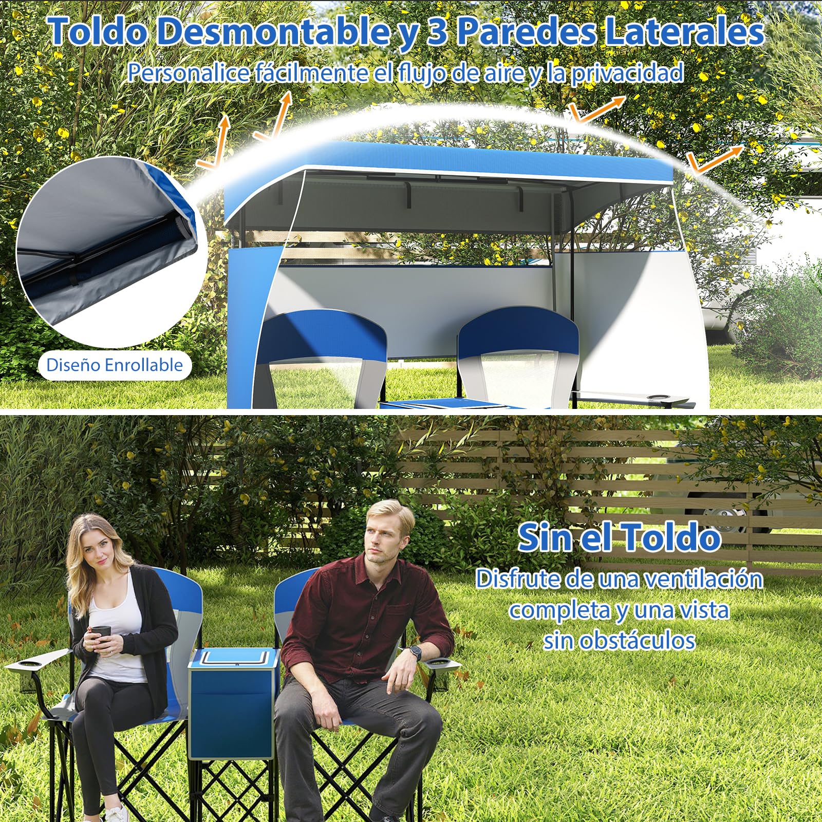 GOPLUS Silla de Playa con Dosel Ajustable, Silla Plegable de Camping Sobredimensionada con Sombra Enrollable, Bolsa Enfriadora, Portavasos, Bolsa de Transporte, para 2 Personas (Azul)