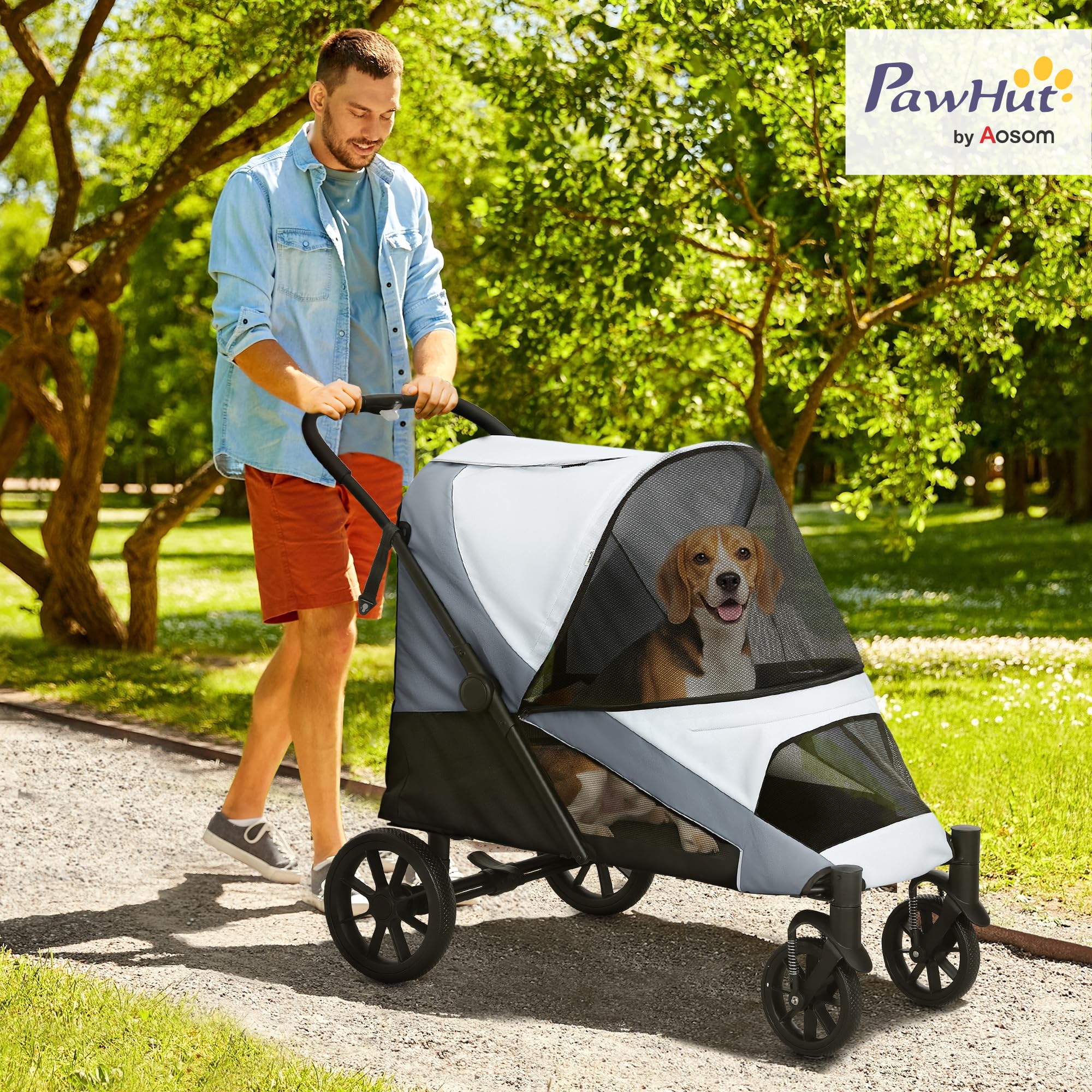 PawHut Carrito para Perros Plegable, Cochecito para Perros Grandes hasta 25 kg con Ruedas Grandes, Correas de Seguridad, Amortiguador, Cojín Lavable, Marco de Acero, Freno, 124x67x100 cm, Gris