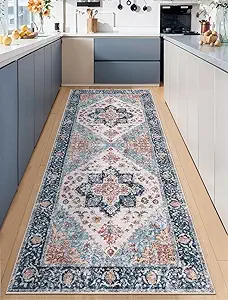 SERISSA Boho Washable Runner Rug, 2x6 Rug Non-Slip Vintage Blue Orange Hallway Kitchen Runner Rug Ultra Soft Print Distressed Tribal Floor Carpet for Bedroom Bathroom Laundry Room