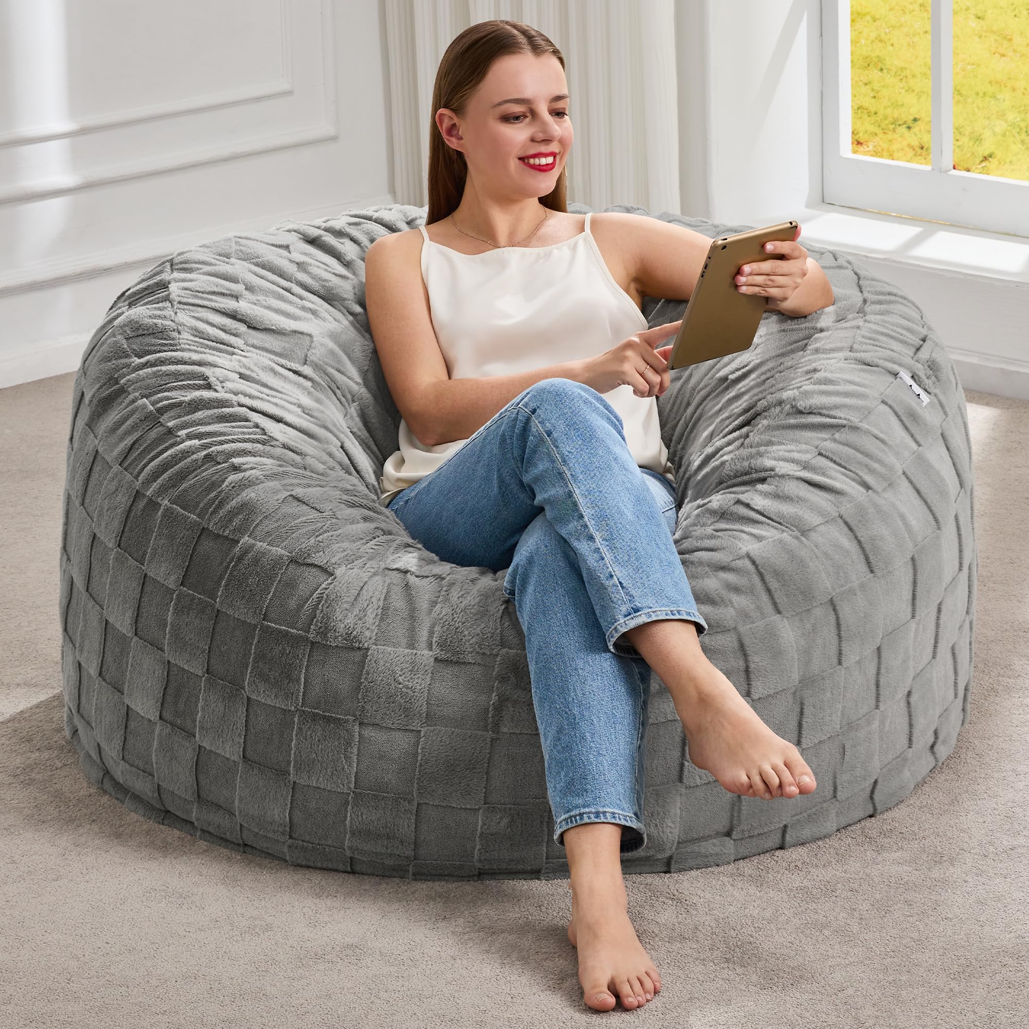 Hobestluk Large Bean Bag Chairs 3FT Big Adults BeanBag Chairs Plaid Cover