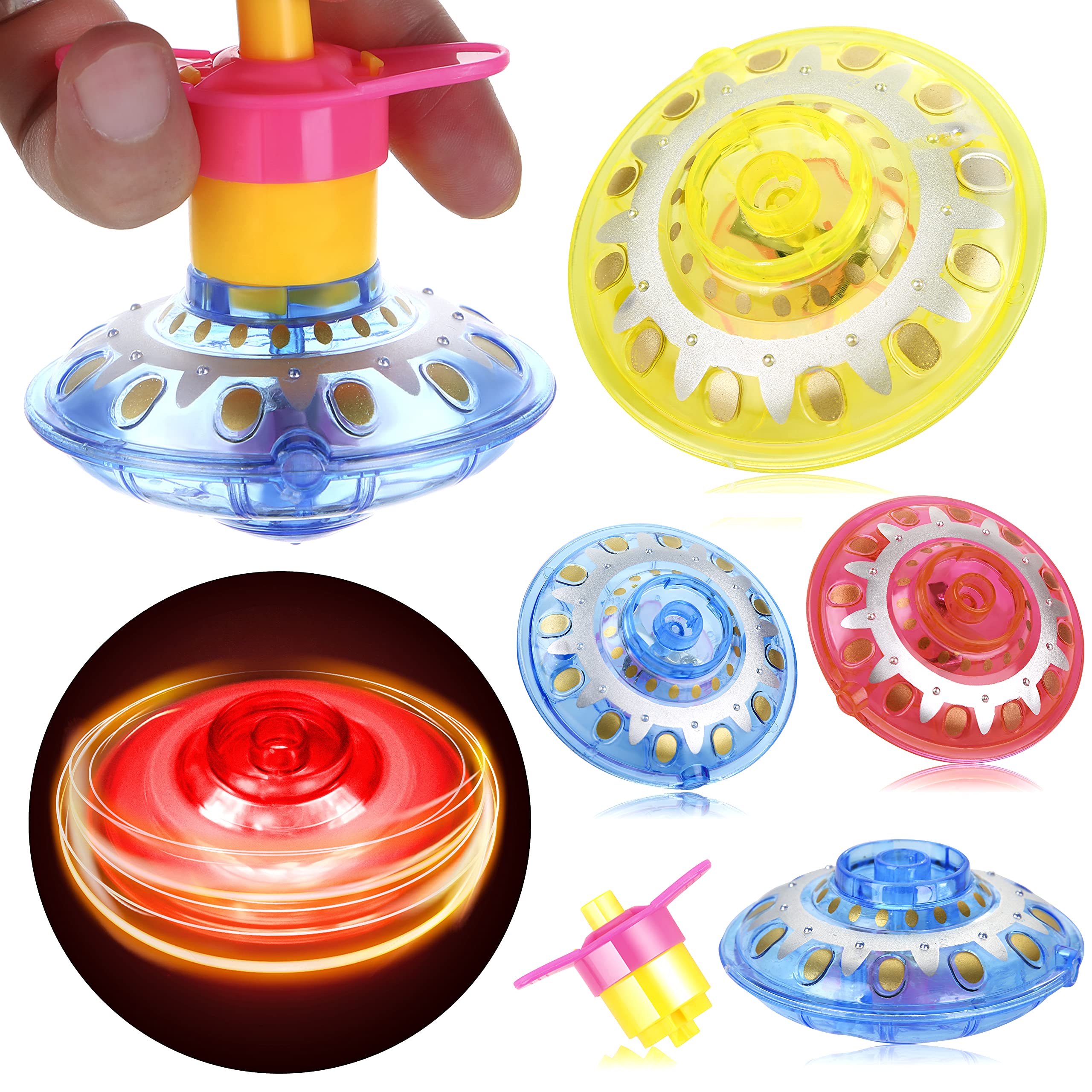 PROLOSO 15 Pcs Light Up Spinning Tops with Launchers Kids Spin Toys Flashing Gyros Birthday Party Favors for Boys and Girls