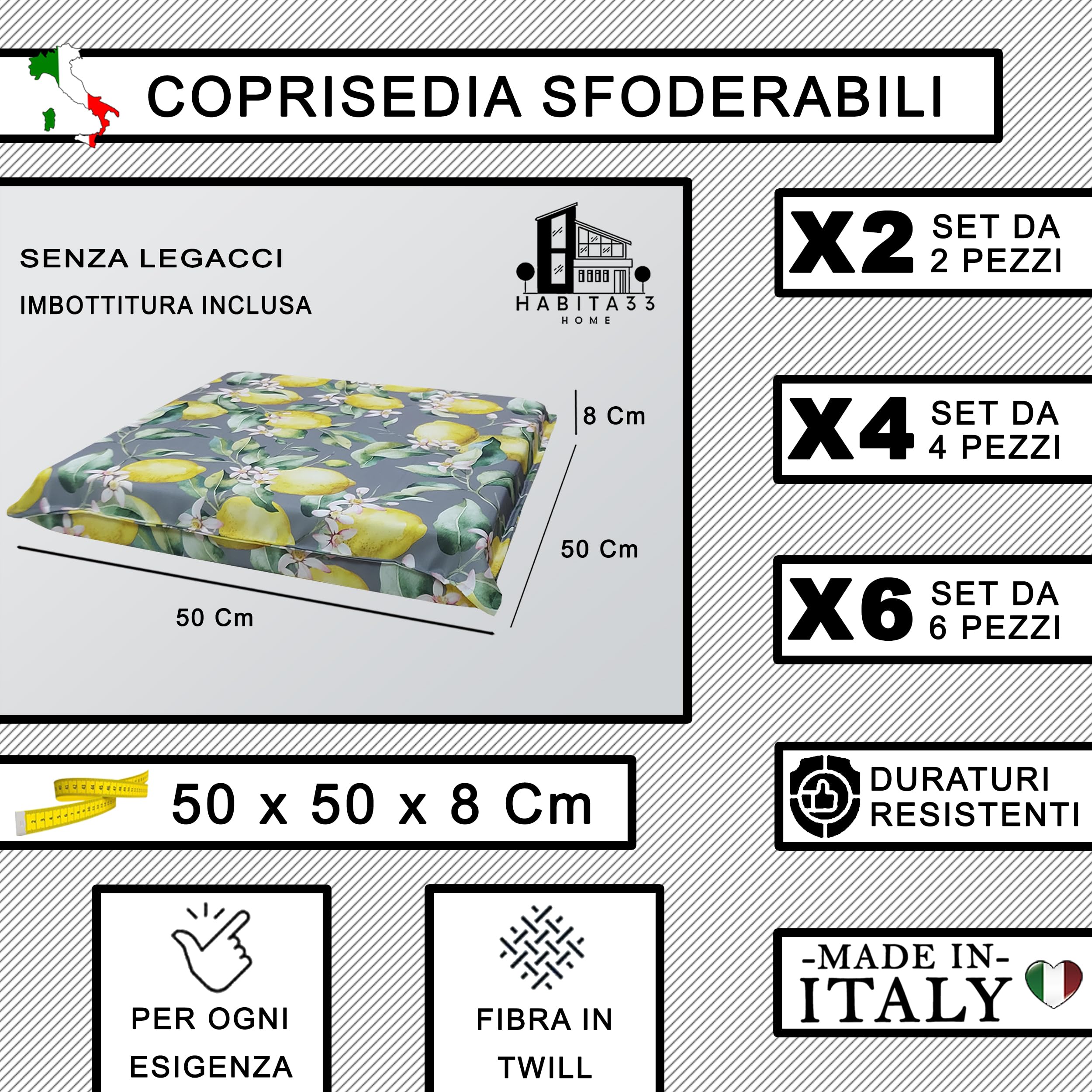 Cojines para Sillas de Jardín – Set de 4 (50x50x8 cm) – Fundas con Cremallera Desenfundables y Lavables – Asiento Cómodo para Exteriores – Fabricación Italiana (4, Lemon Flower)