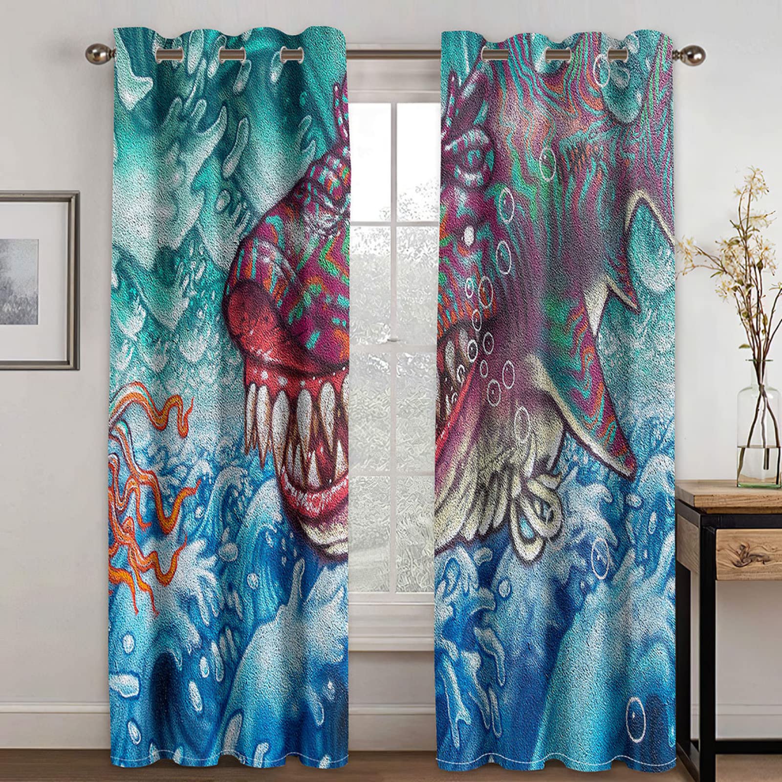 Cortinas Cocina Cortas Opacas Modernas para Ventanas 2 Piezas 280X260Cm Cortinas Opacas con Ojales Pez De Personalidad De Moda Cortinas Salon Dormitorio Juvenil Infantil Termicas Aislantes Frio Y Cal