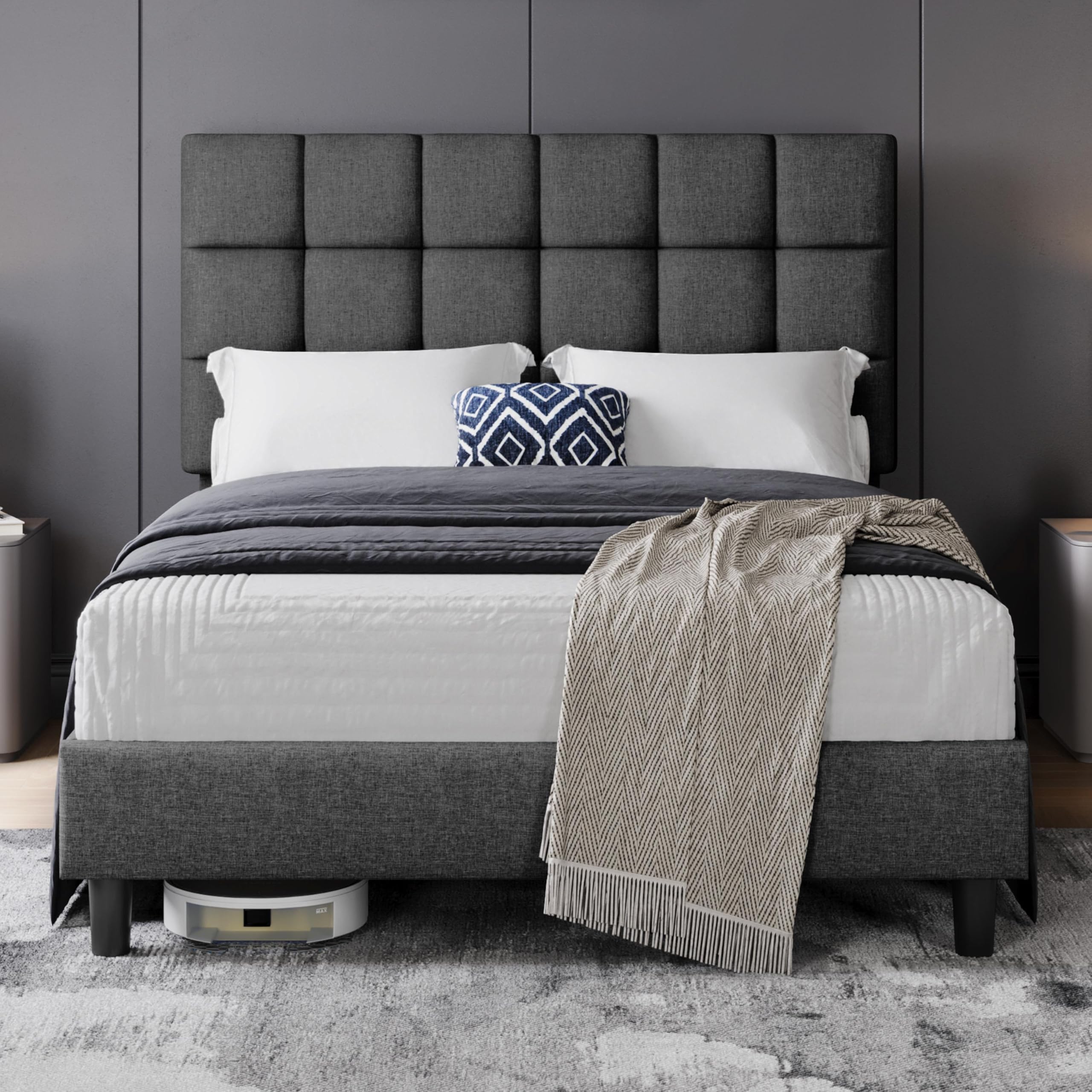 Yaheetech 4ft6 Double Bed Frame Upholstered Platform Bed with Adjustable Square Tufted Headboard/Linen Fabric/Sturdy Wooden Slat Support/No Box Spring Needed, Dark Grey Double Bed