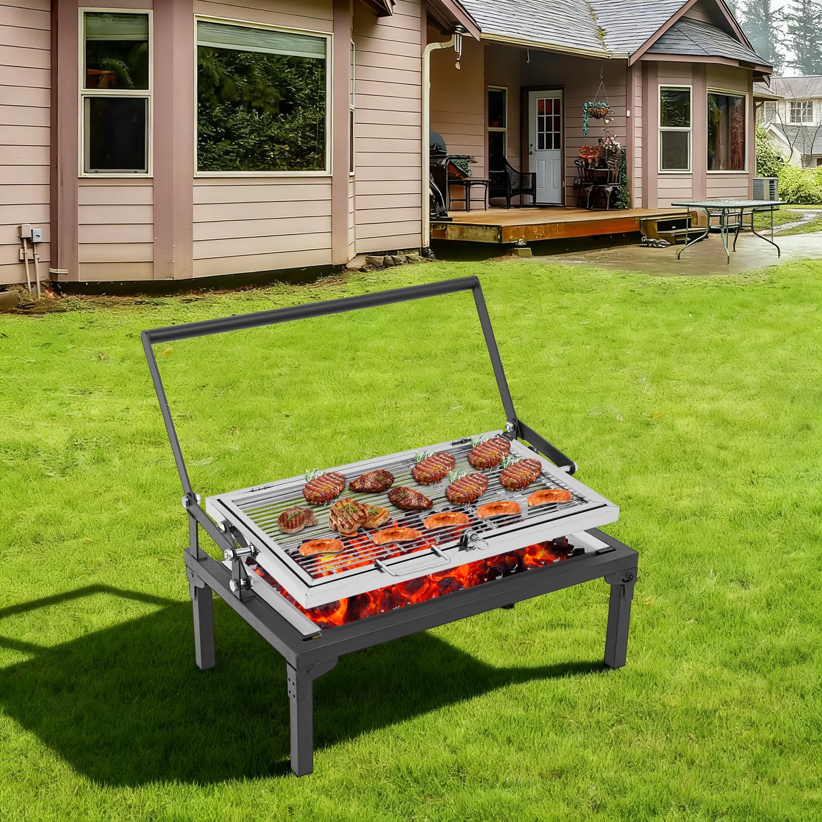 Barbecue pieghevole a carbonella, portatile a 360 gradi, barbecue a carbonella con griglia girevole per cucinare all'aperto, barbecue, picnic, feste (68 x 38 x 35 cm)