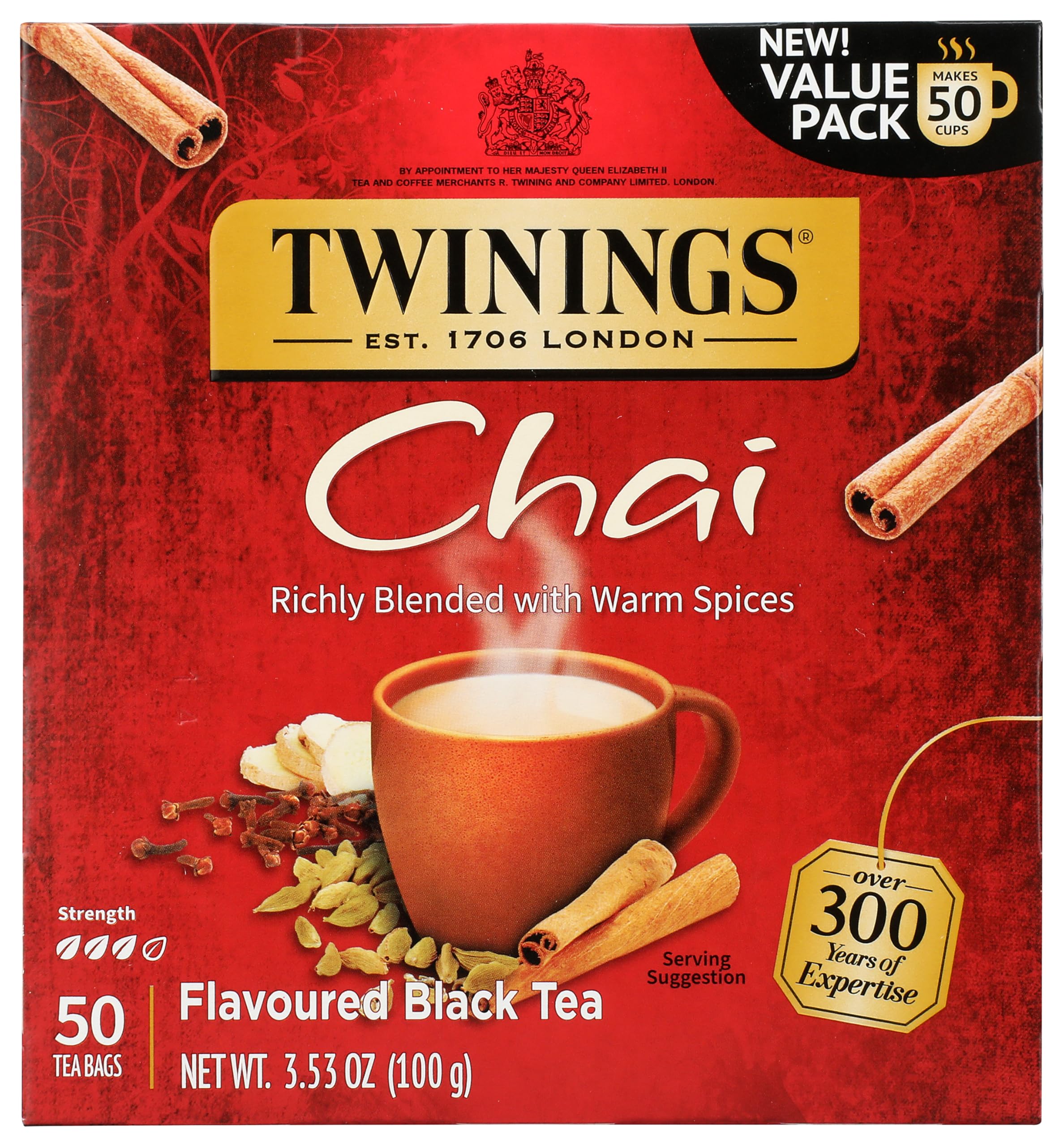 TwiningsChai Black Tea Individually Wrapped Bags, Sweet, Savoury Spices, Caffeinated, Enjoy Hot or Iced - 50 Count