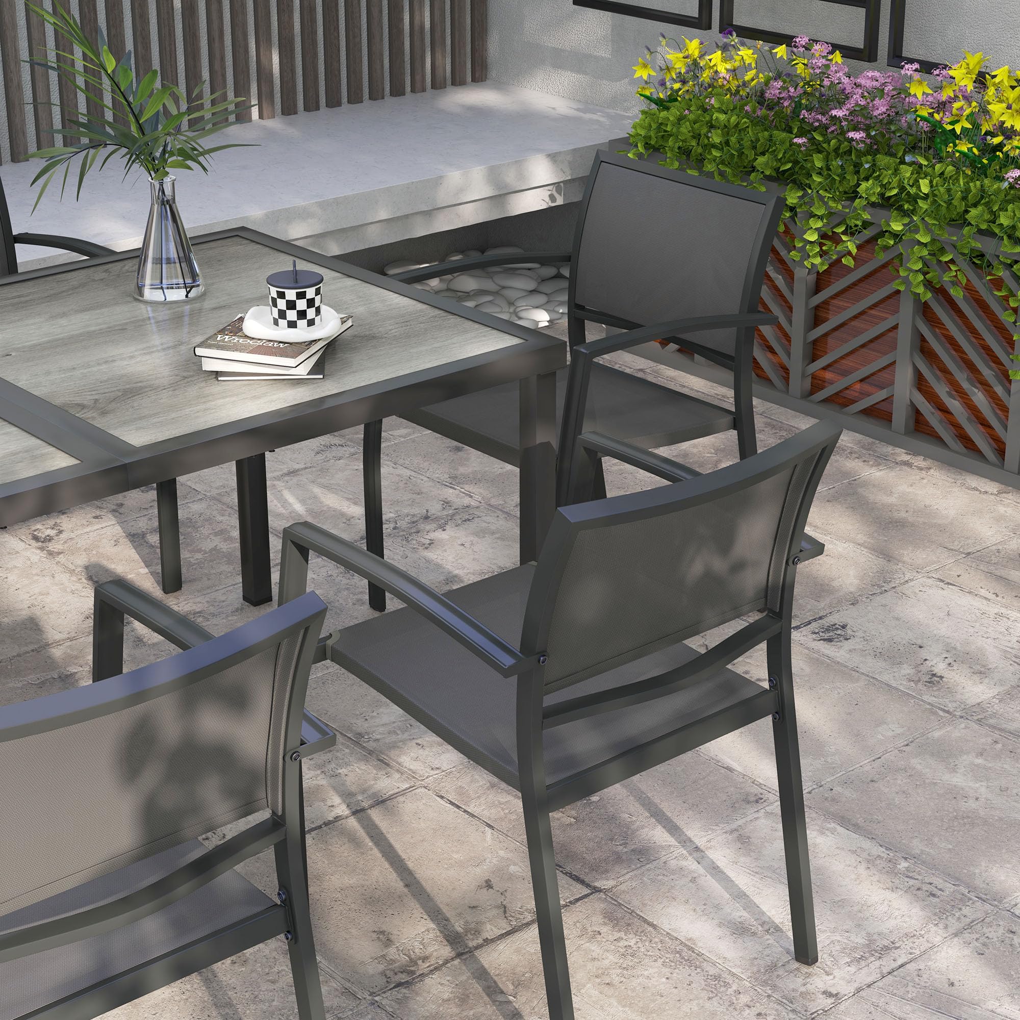 Outsunny Set Tavolo da Giardino con Sedie da 7 Pezzi Set da Pranzo Grigio | Tavolo con Piano in Plastica Effetto Legno, 6 Sedie da Esterno Impilabili con Braccioli, Mobili in Acciaio