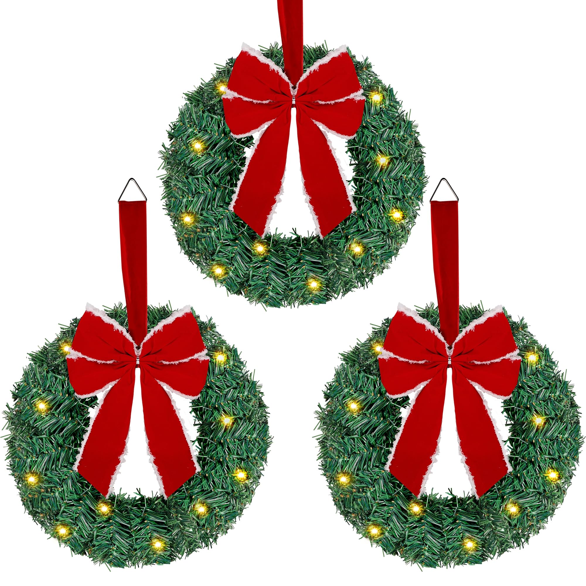 ATDAWN Lot de 3 mini couronnes de Noël éclairées pour porte d'entrée, décorations de fête de Noël (nœud rouge)