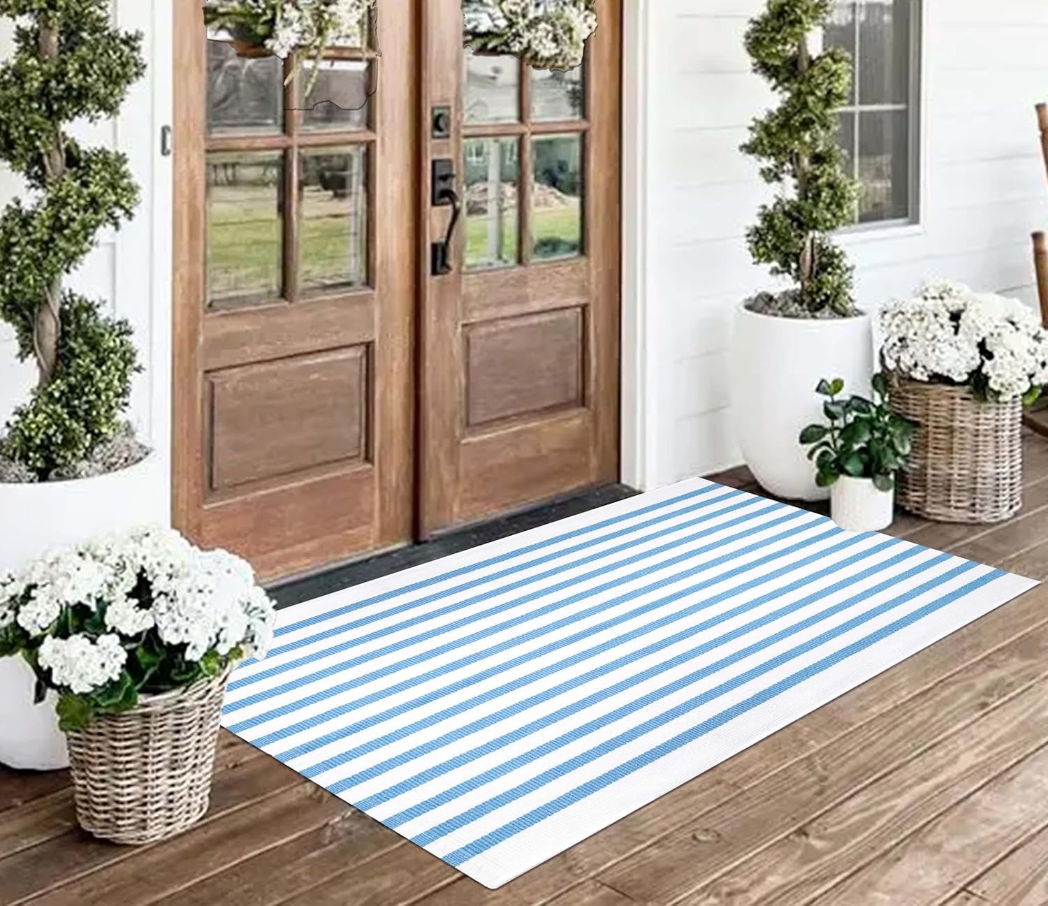 2x4 Outdoor Rug,Light Blue and White Striped Front Porch Rug Cotton Woven Washable Indoor Outdoor Doormat Farmhouse Small Area Rug for Porch/Entryway/Home Entrance Decor