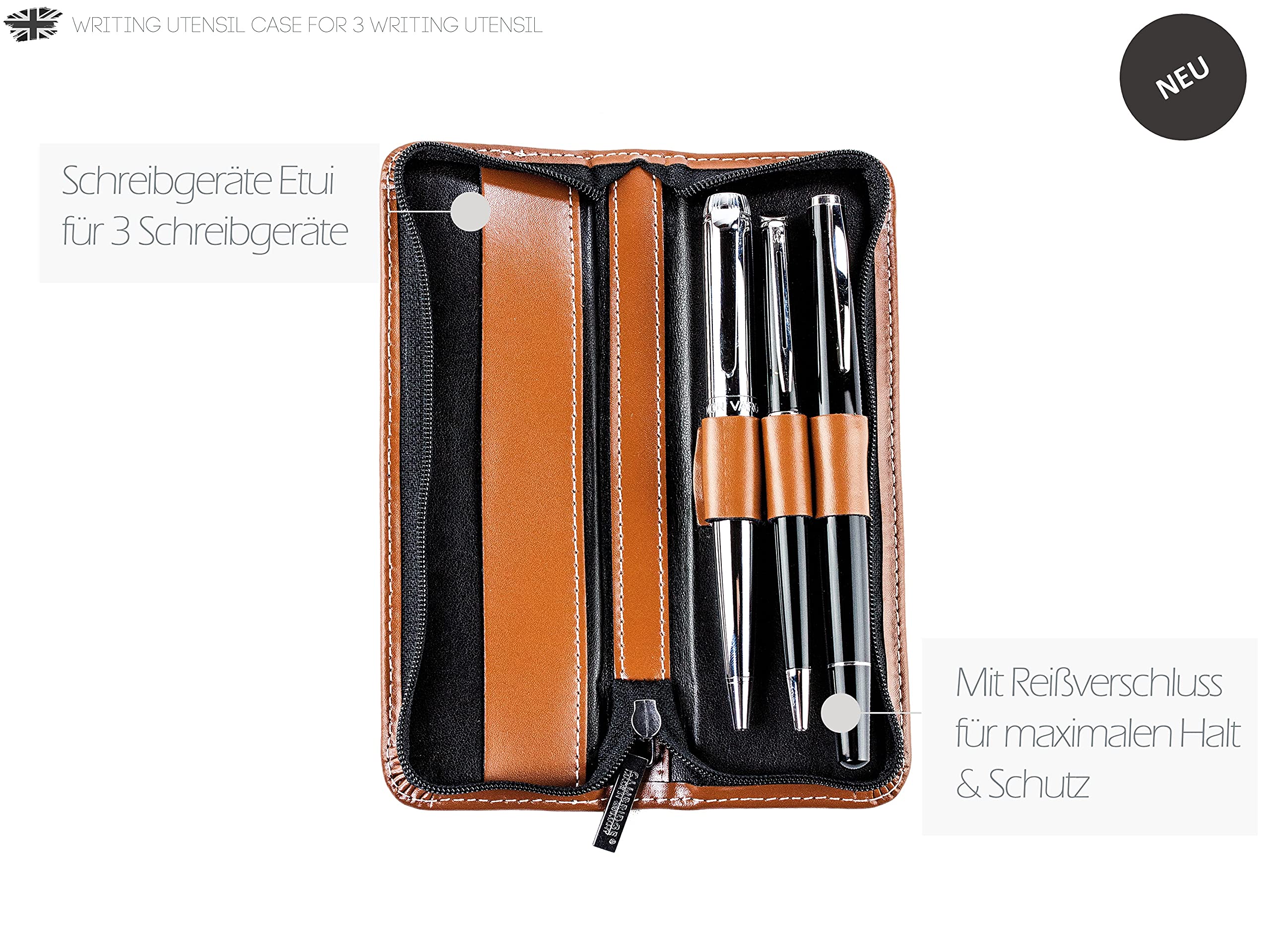 DELMON VARONE Astuccio Portapenne In Pelle Pieno Fiore Personalizzabile, Fatto A Mano In Germania, Marrone Scuro, 22x5,5x3 Cm