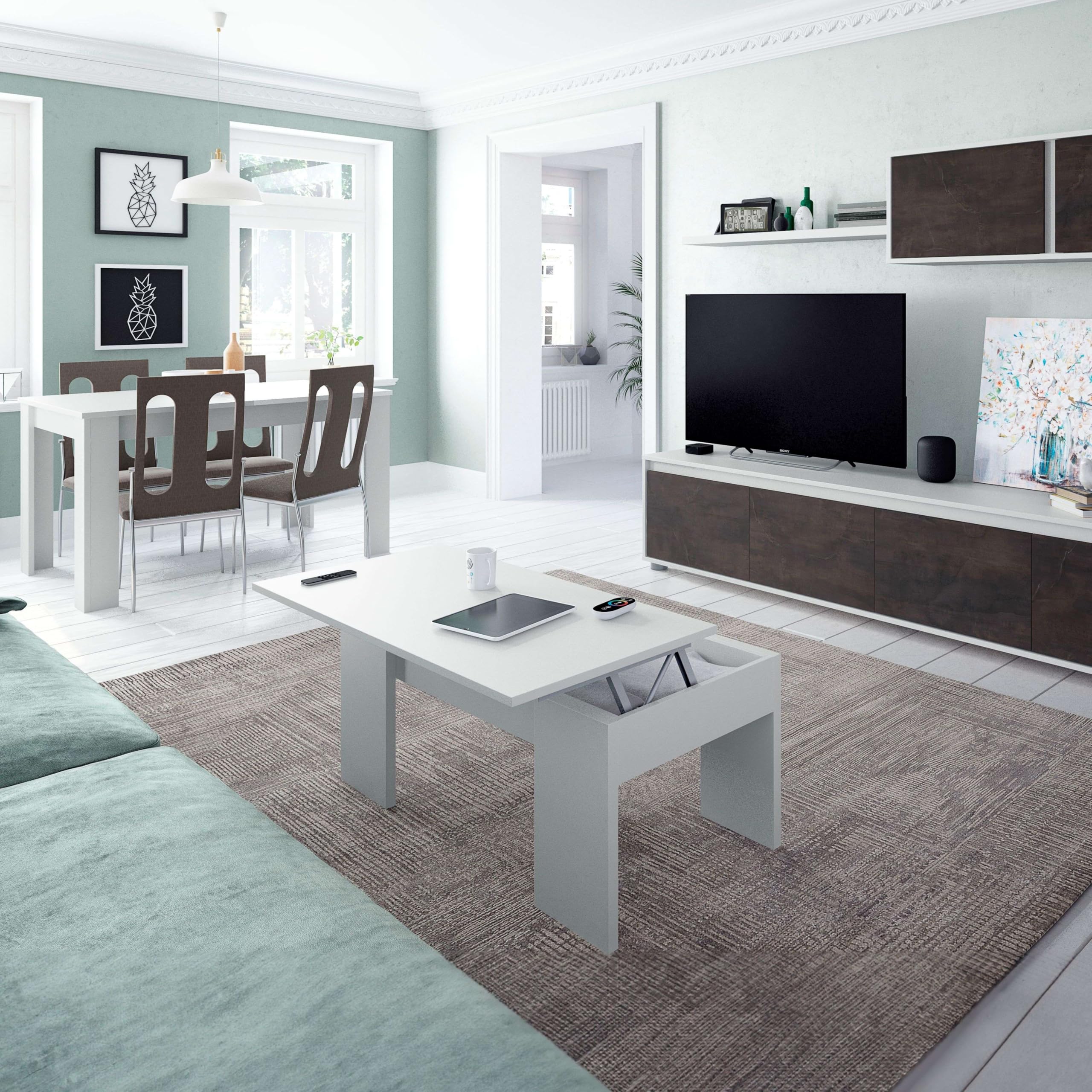 Habitdesign – Mesa de Centro Elevable para Salón Comedor, Mesa de Café con Almacenaje, Color Blanco Brillo, 100x50x43–54 cm - Modelo Kendra