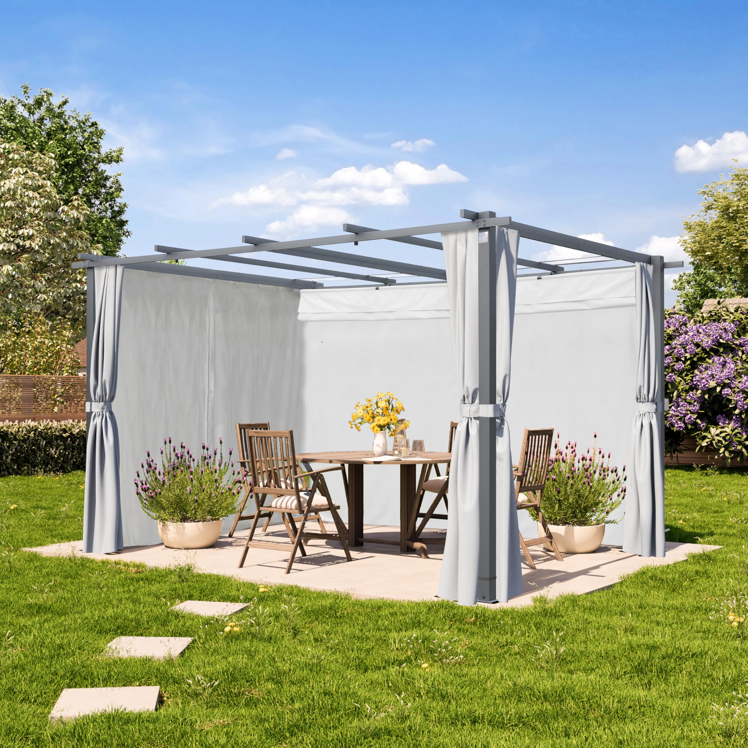PRIMEYARD Rideaux pour Pergola Classic 3x4 m - env. 180 g/m² Polyester - avec système de Rails et Fermeture Éclair - Gris