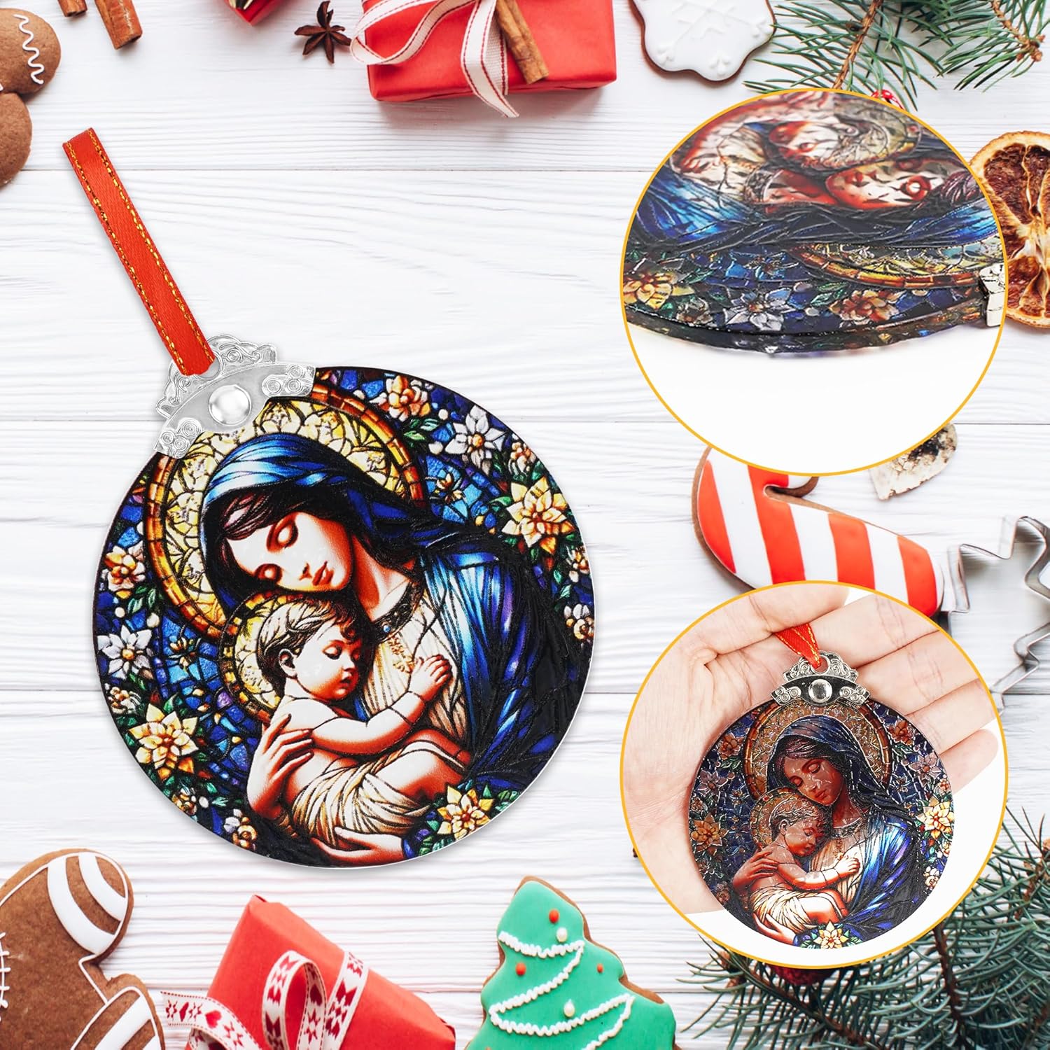 Stained Glass Christmas Ornament, Virgin Mary Hanging Decoration, Religious Christian Glass Ornament for Tree Window Car, Catholic Gifts with Box 3.15 Inch - Image 5