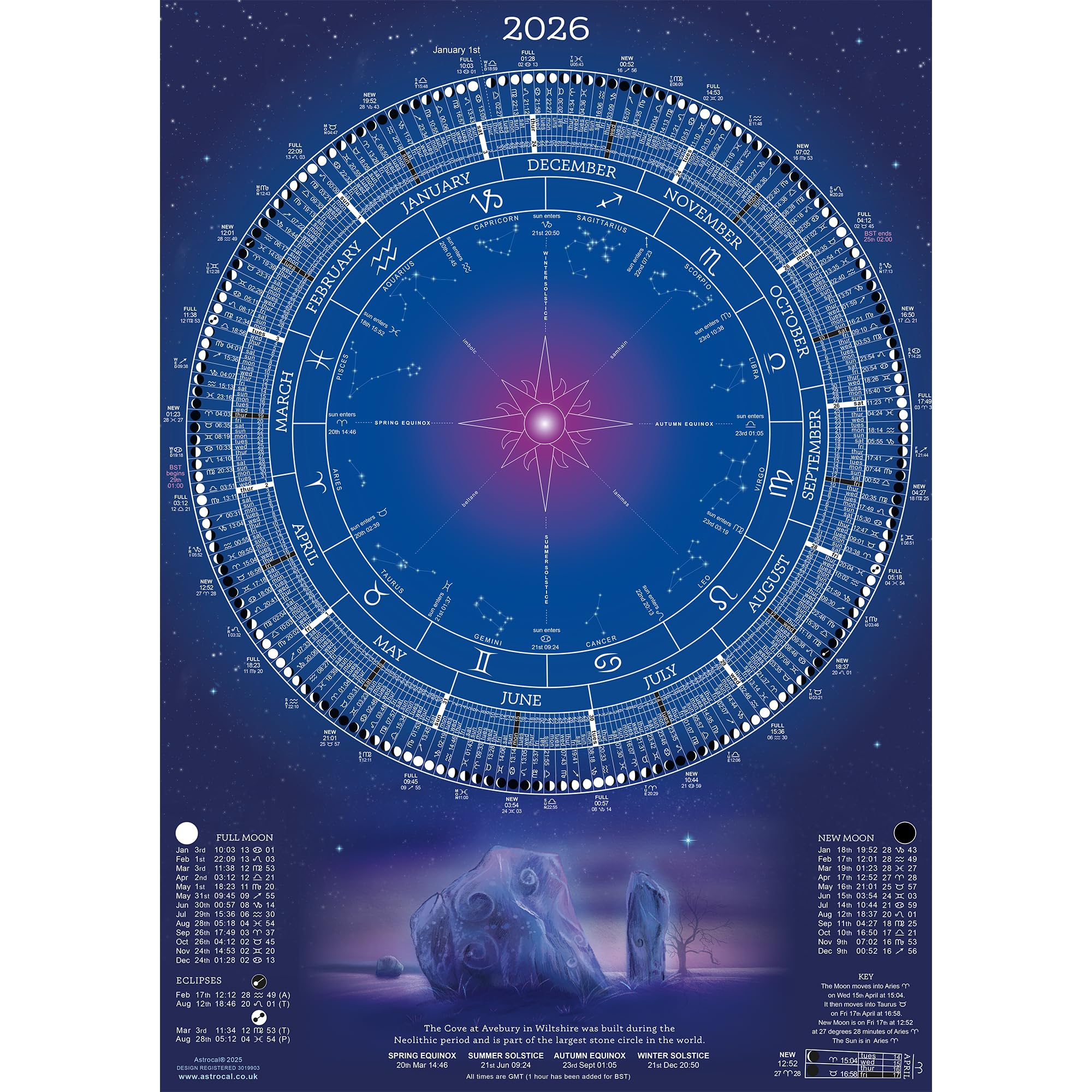 Astrocal Moon Wall Calendar A2 Lunar Phase Poster 2026, Moon