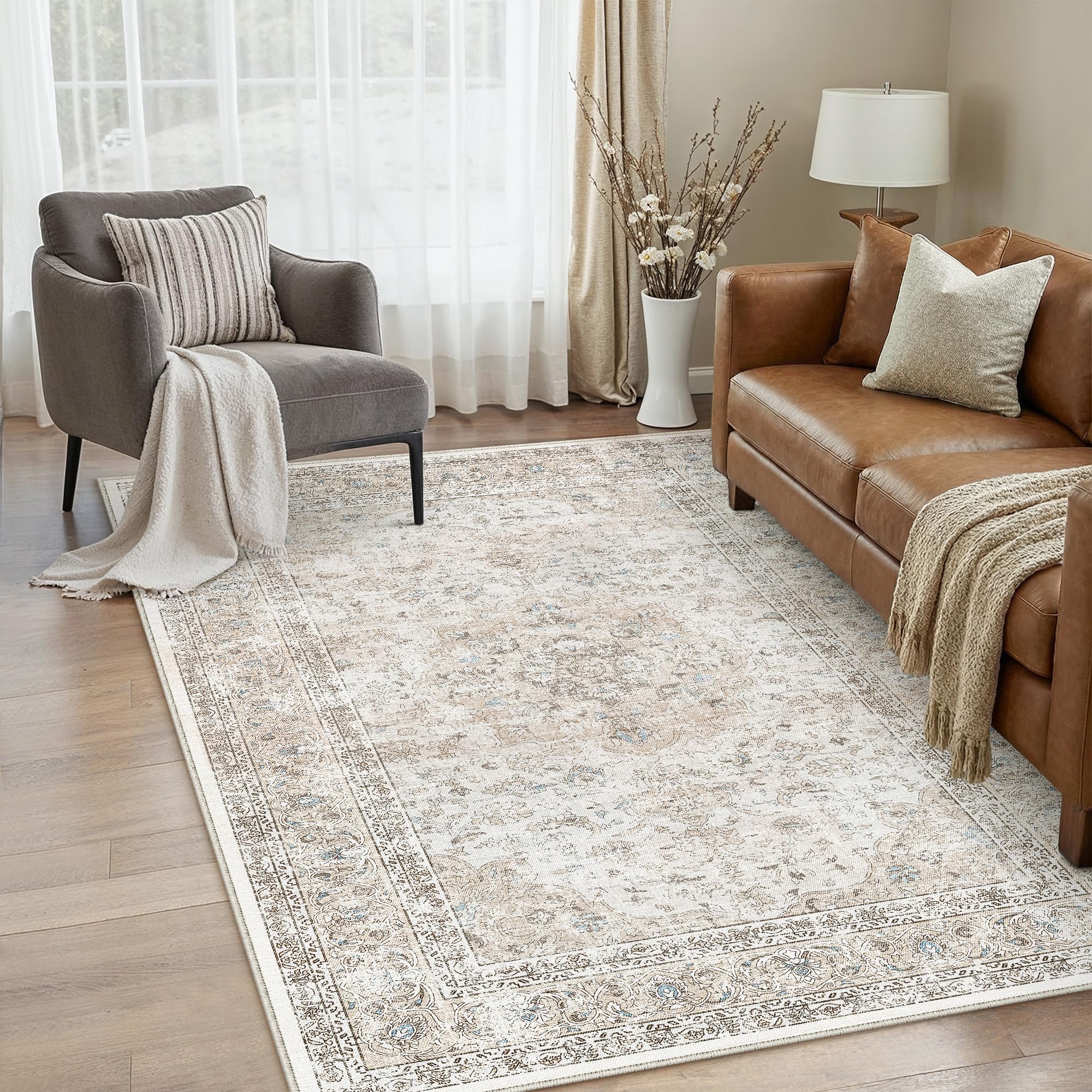 PureCozy Beige Living Room Rug 140x200cm Vintage Washable Cream Short Pile Anti-Slip Soft Bohemian Retro Living Room Bedroom Dining Room Office Rug — image 1