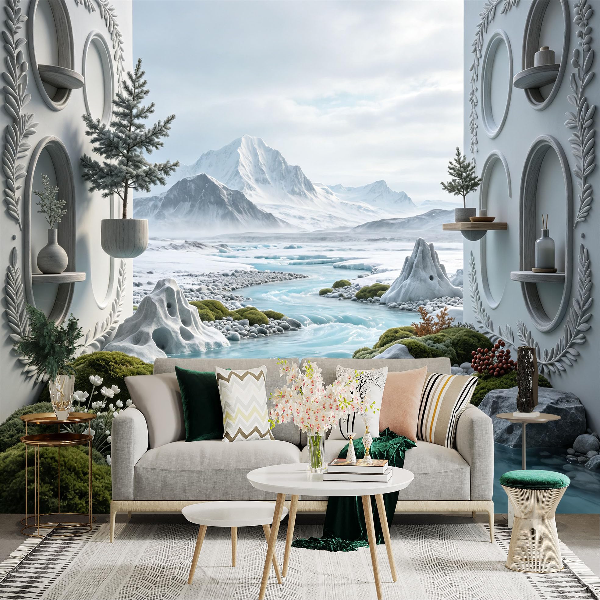 Lnzczhyre Bh260719188 Custom Size Wall Sticker Mural， Snowy Mountain Peak， Serene Frozen River， Mossy Rock Landscape， Decorative Architecture View， For Wall Decoration， Peelandstick Wall Decals.