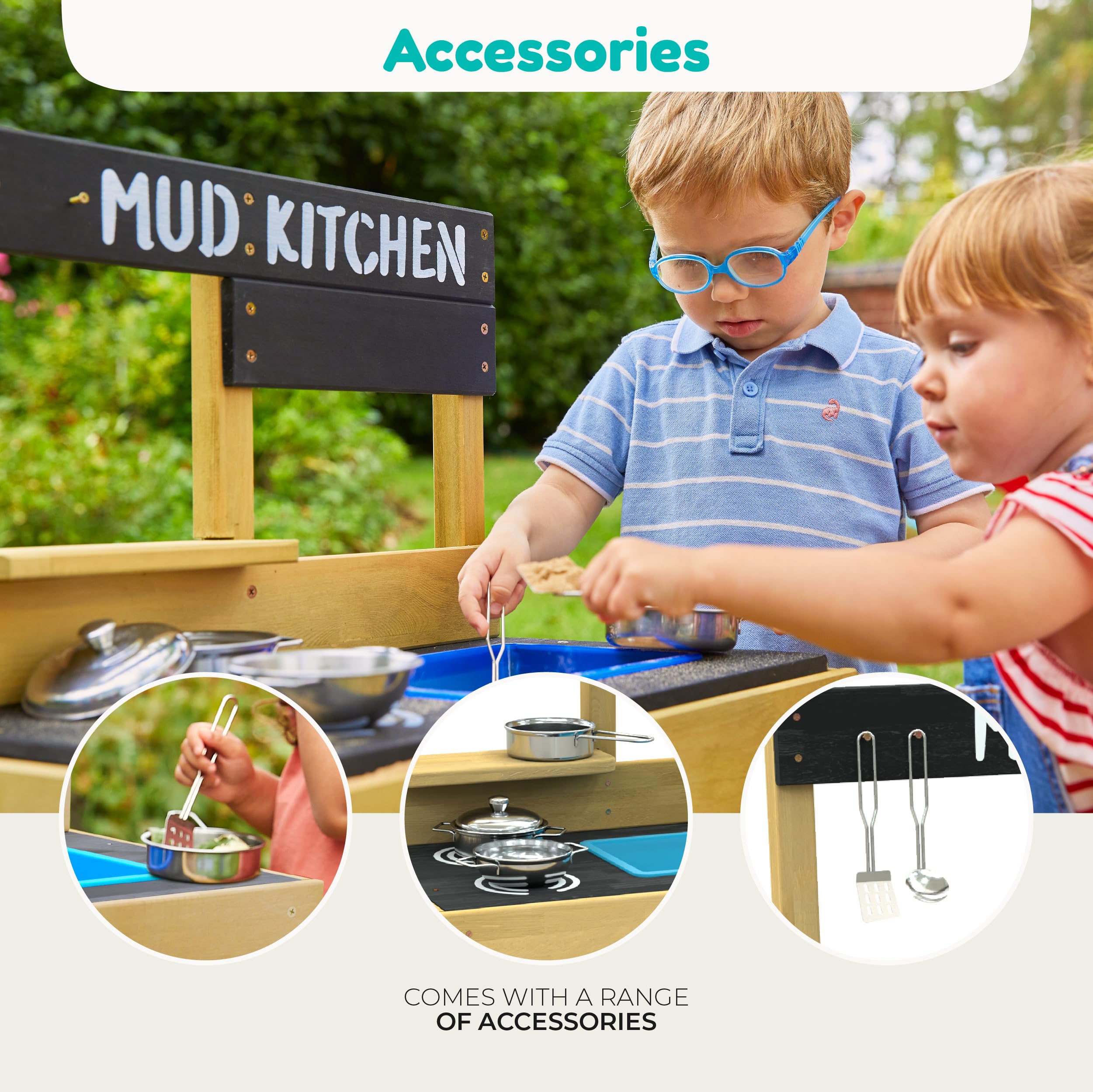 TP Toys Junior Cook - Cucina per fango, in legno certificato FSC, include un set iniziale di padelle e utensili in acciaio inox, fori preforati e telaio a fessura facile, perfetto per giocare con la