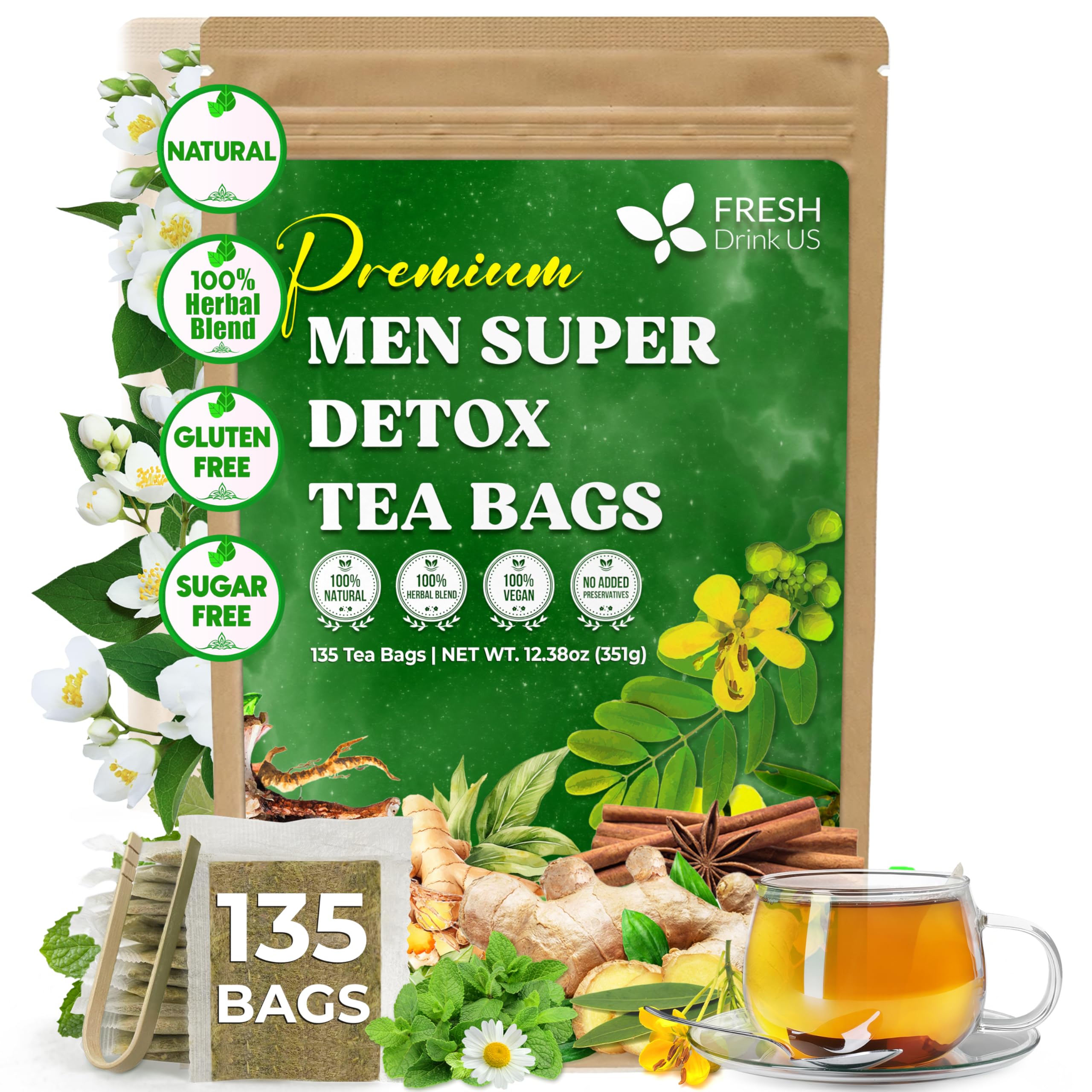 FRESHDRINKUSPremium 135 Tea Bags Men Super Detox Tea – Herbal Blend with Senna, Dandelion Root, Ginger, Peppermint & More – 100% Natural, Sugar-Free. Caffeine-Free. Gluten-Free. Vegan