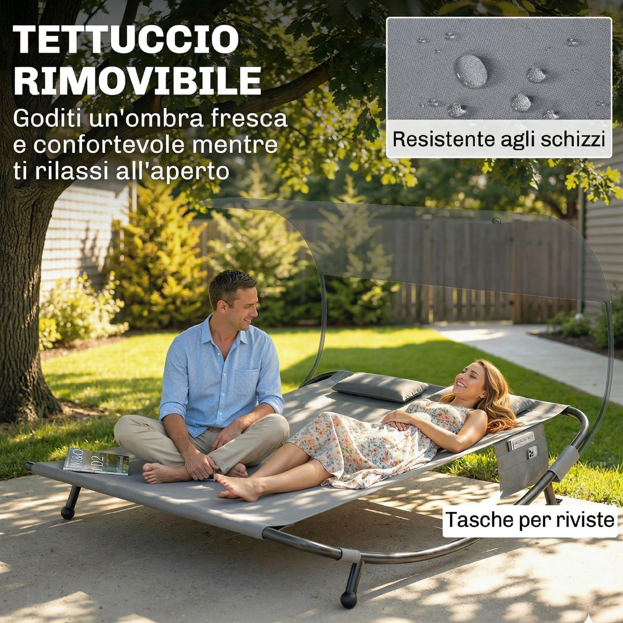 Outsunny Tumbona doble de jardín con techo extraíble, tumbona de jardín de 2 plazas de textil con ruedas, 2 cojines, bolsillos, estructura de acero, para terraza y piscina, máx. 240 kg, gris