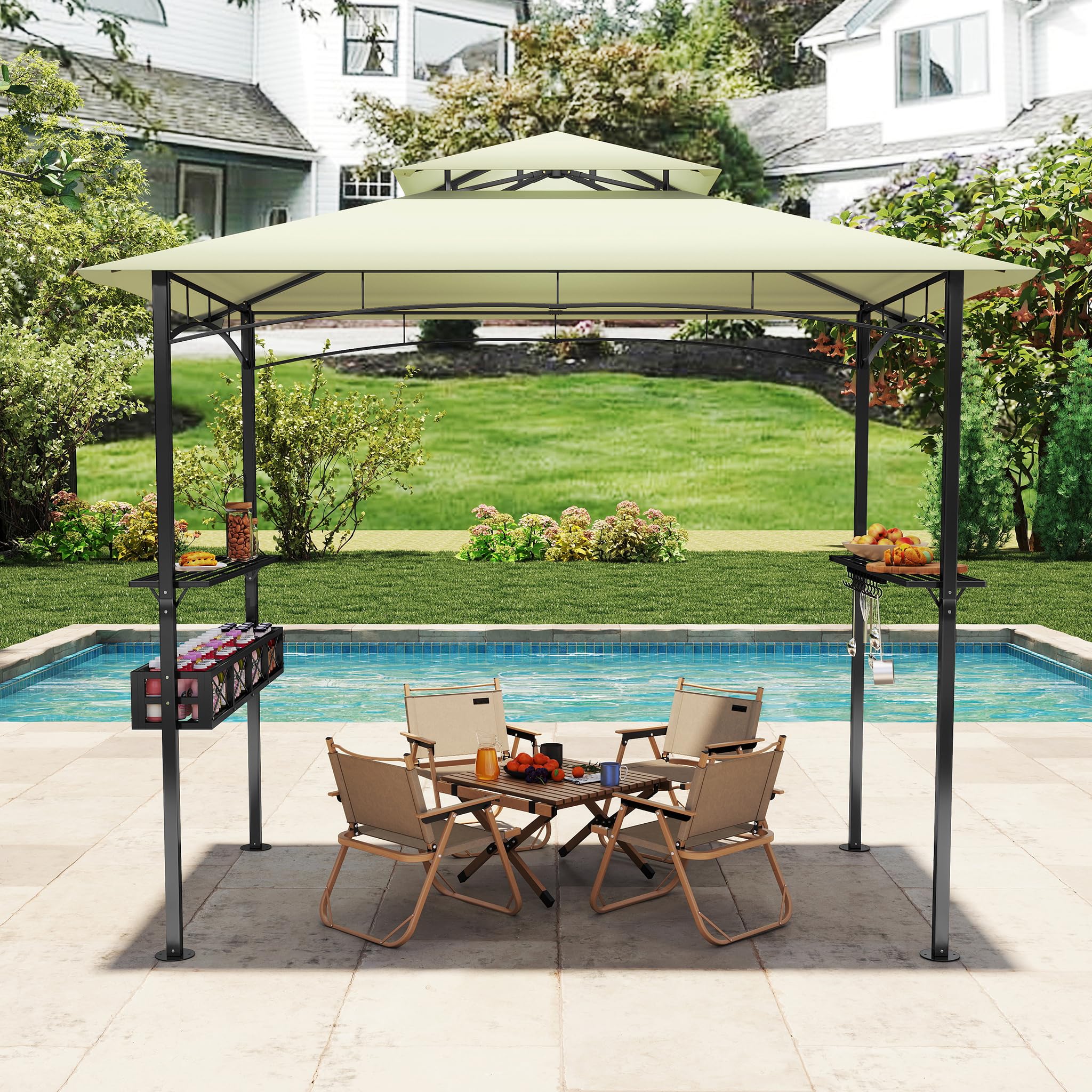 HENGMEI Grill Pavillon 2.45 x 1.53m, Grillpavillon Partyzelt Doppelstöckige Schutzabdeckung, Grillzelt Gartenpavillon Pergola mit Regalen und Ablagekörben für Party, Marktstand, Picknick (Beige)
