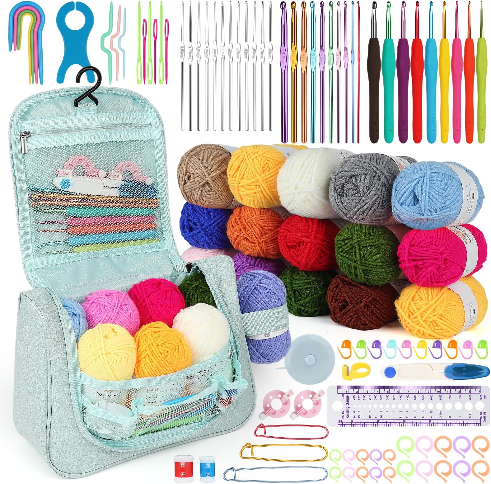 AeequeCrochet Set for Beginners with Ergonomic Crochet Hook, Crochet Hook Set with Acrylic Wool, Crochet Set for Crochet Socks, Scarves, Jumpers, Blanket, Colourful Crochet Set for Arthritis with