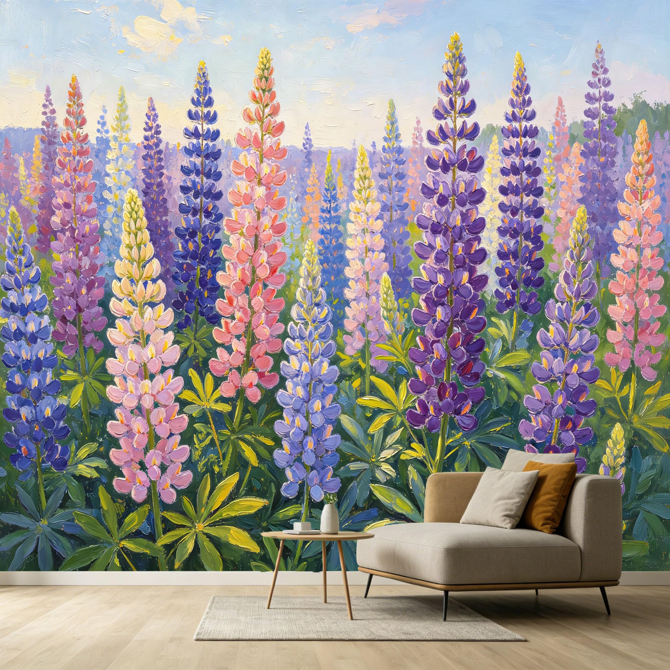 Custom Size Wall Murals Botanical Lupine Flowers Oil Painting Colorful Floral Meadow SelfAdhesive Wall Fabric Removable Large Wallpaper for Photo Living Room